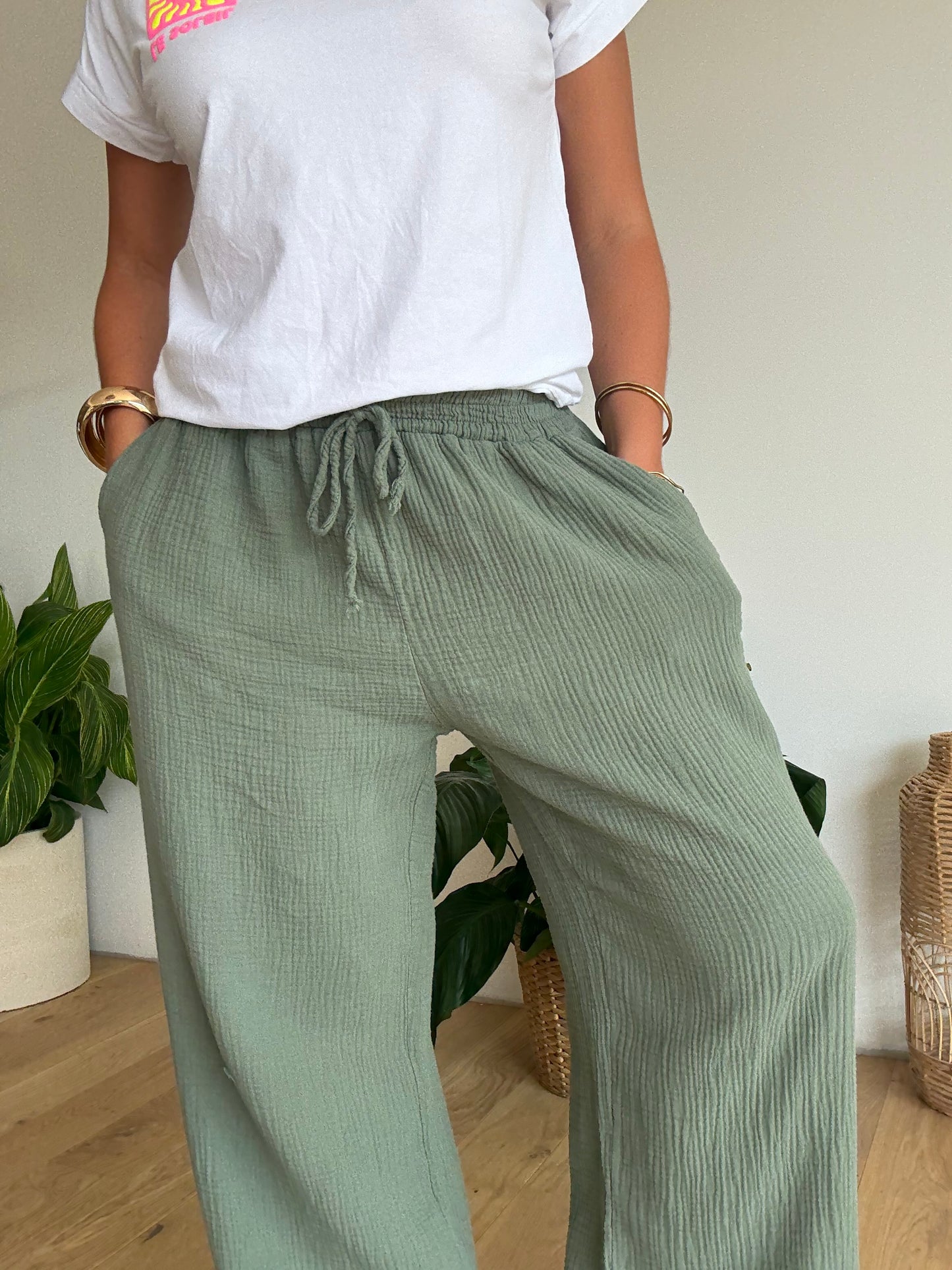 Pantalon palazzo gaze de coton kaki