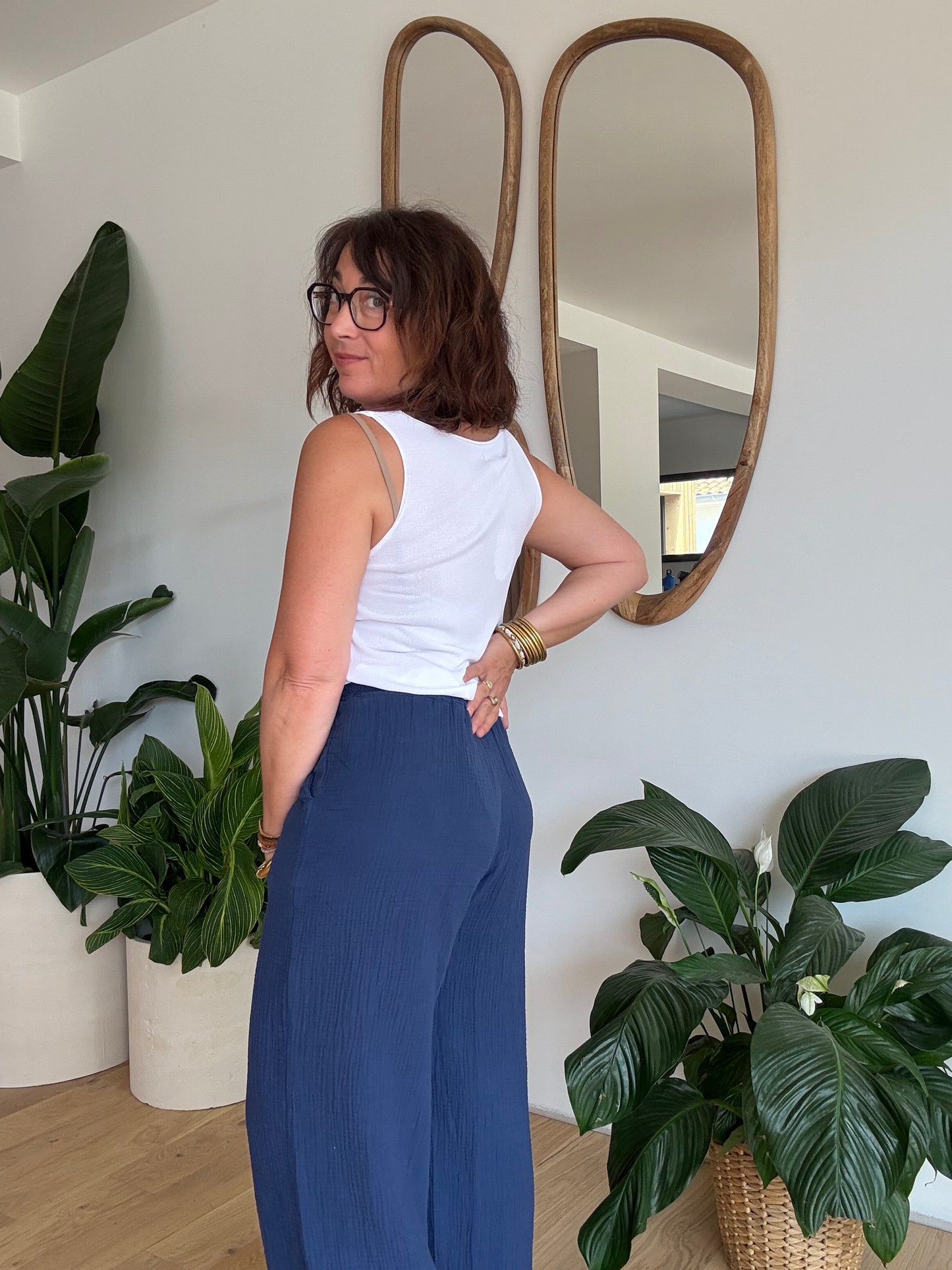 Pantalon palazzo gaze de coton marine