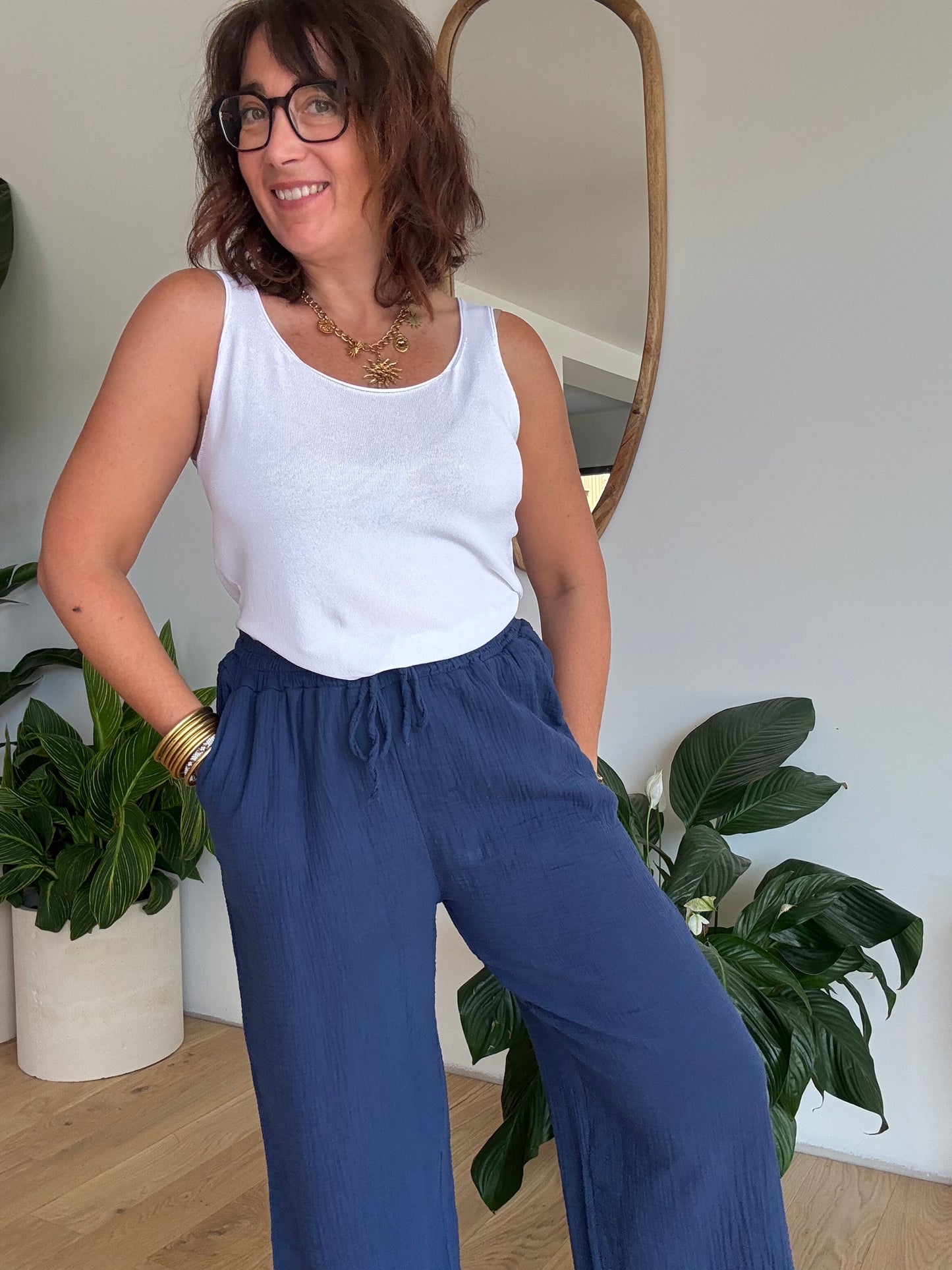 Pantalon palazzo gaze de coton marine