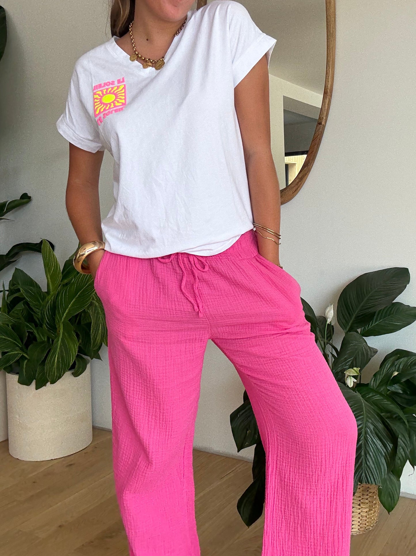 Pantalon palazzo gaze de coton fuchsia 🩷