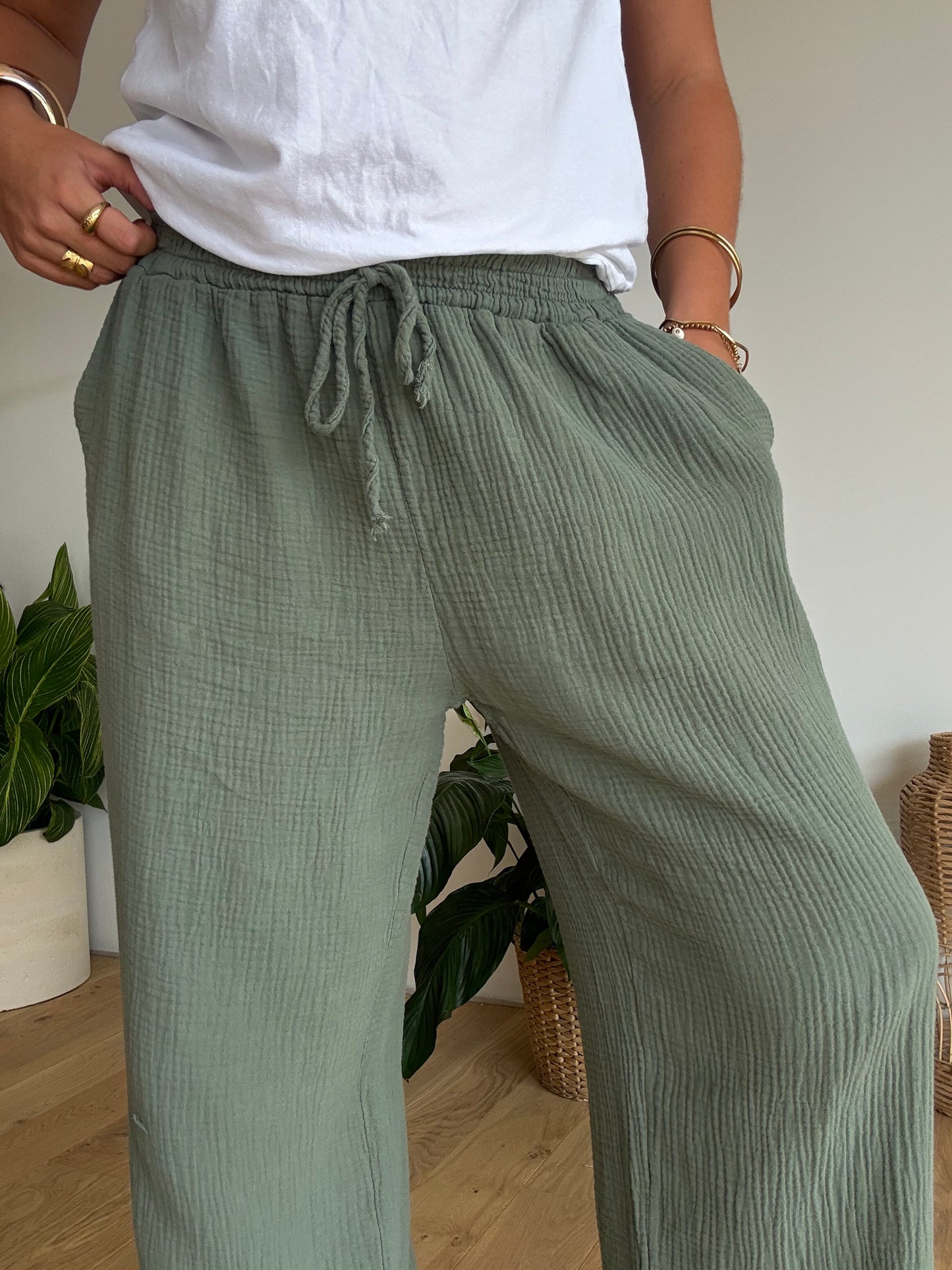 Pantalon palazzo gaze de coton kaki
