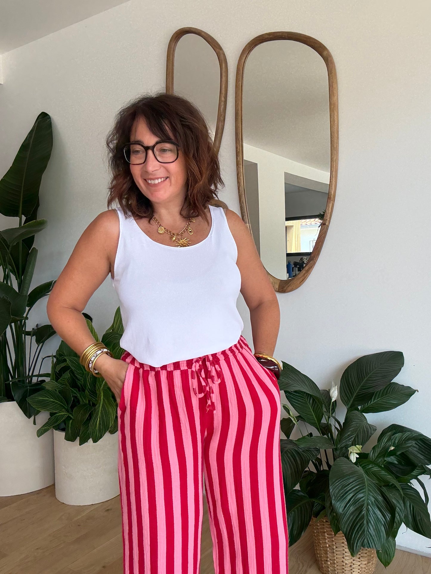 Pantalon rayé en gaze de coton rose &rouge