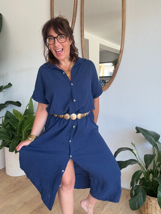 Robe chemise en gaze de coton Marine