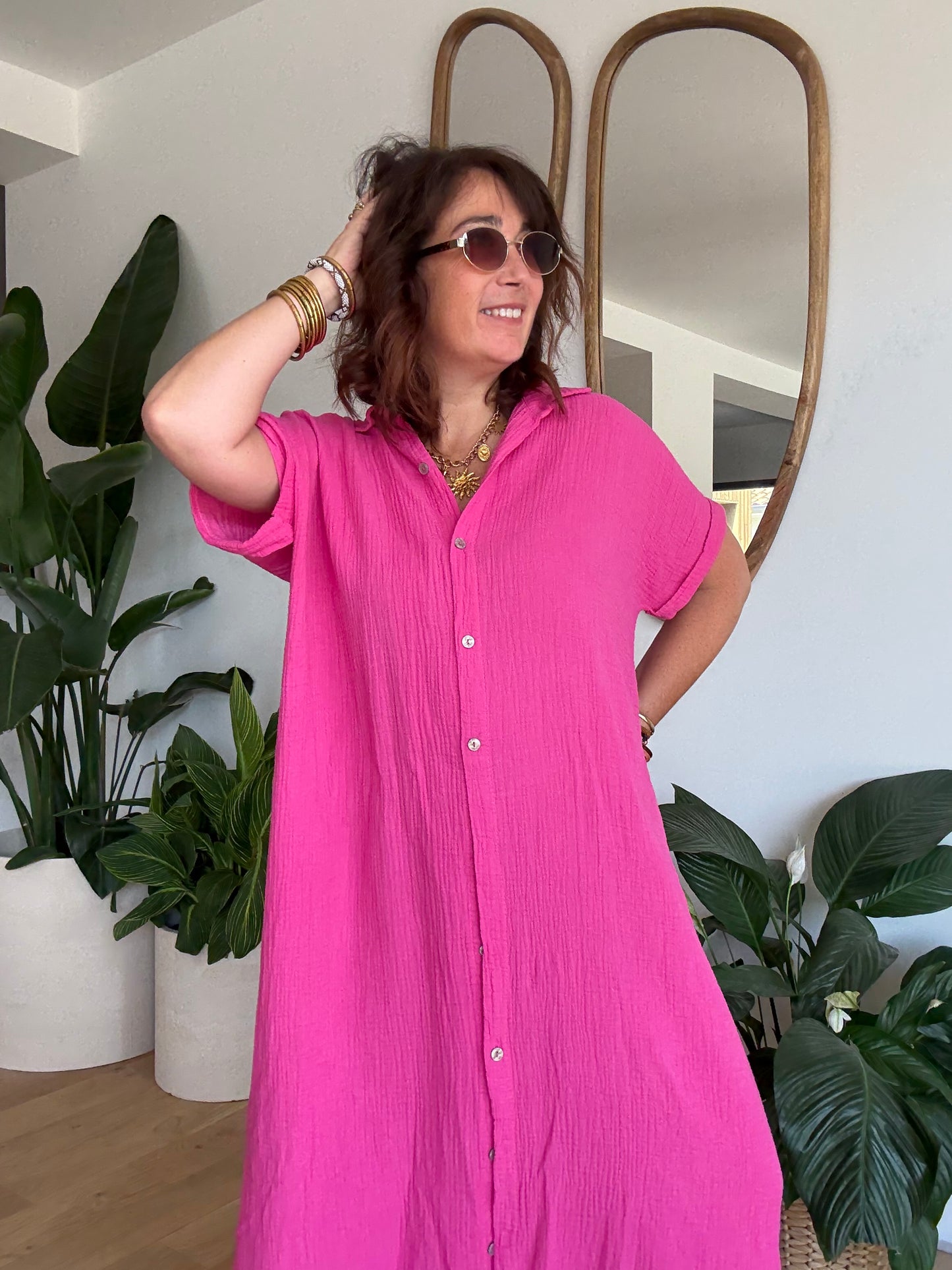 Robe chemise en gaze de coton fuchsia🩷