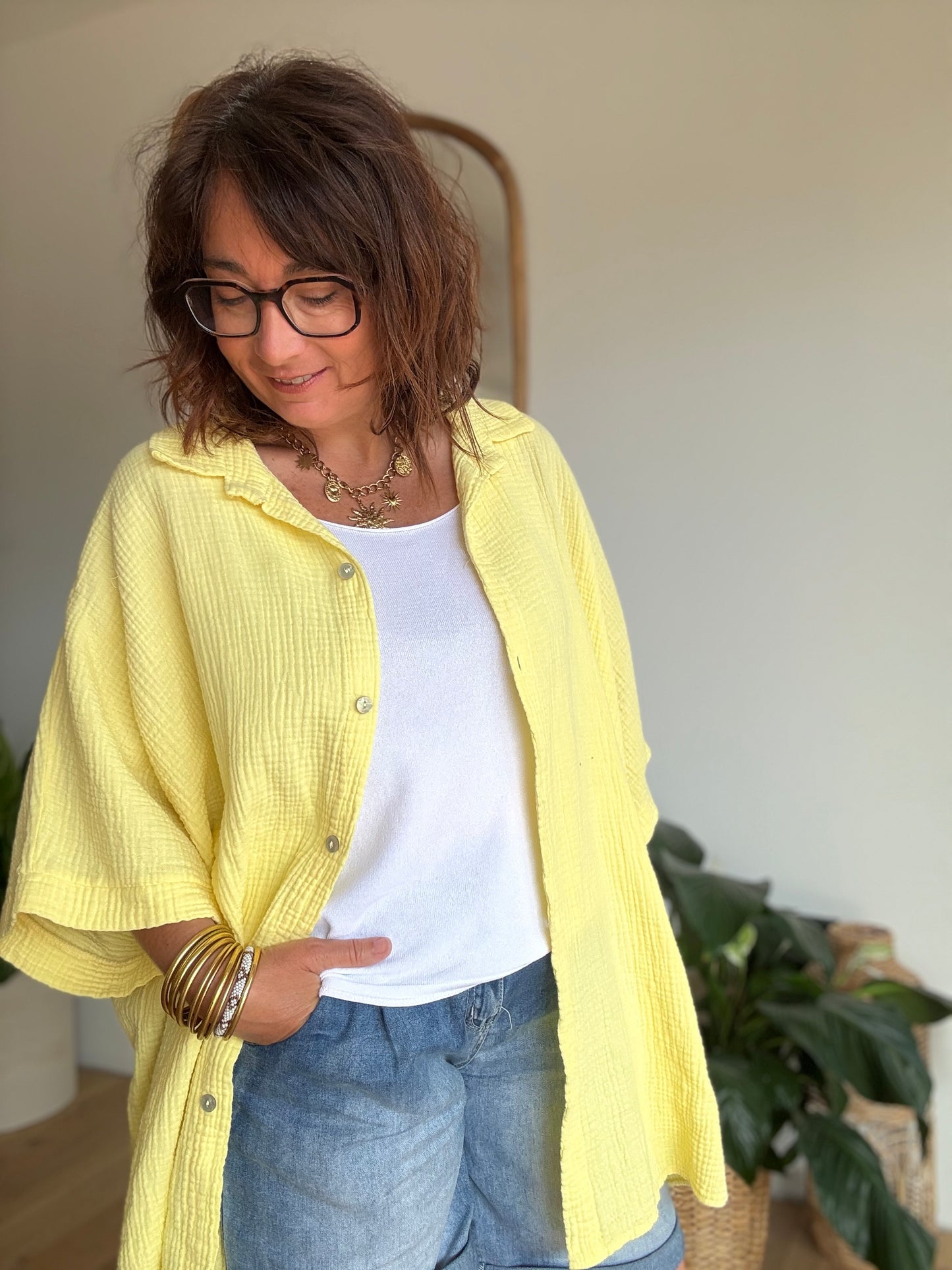 Chemise Gaz de Coton Jaune Pastel