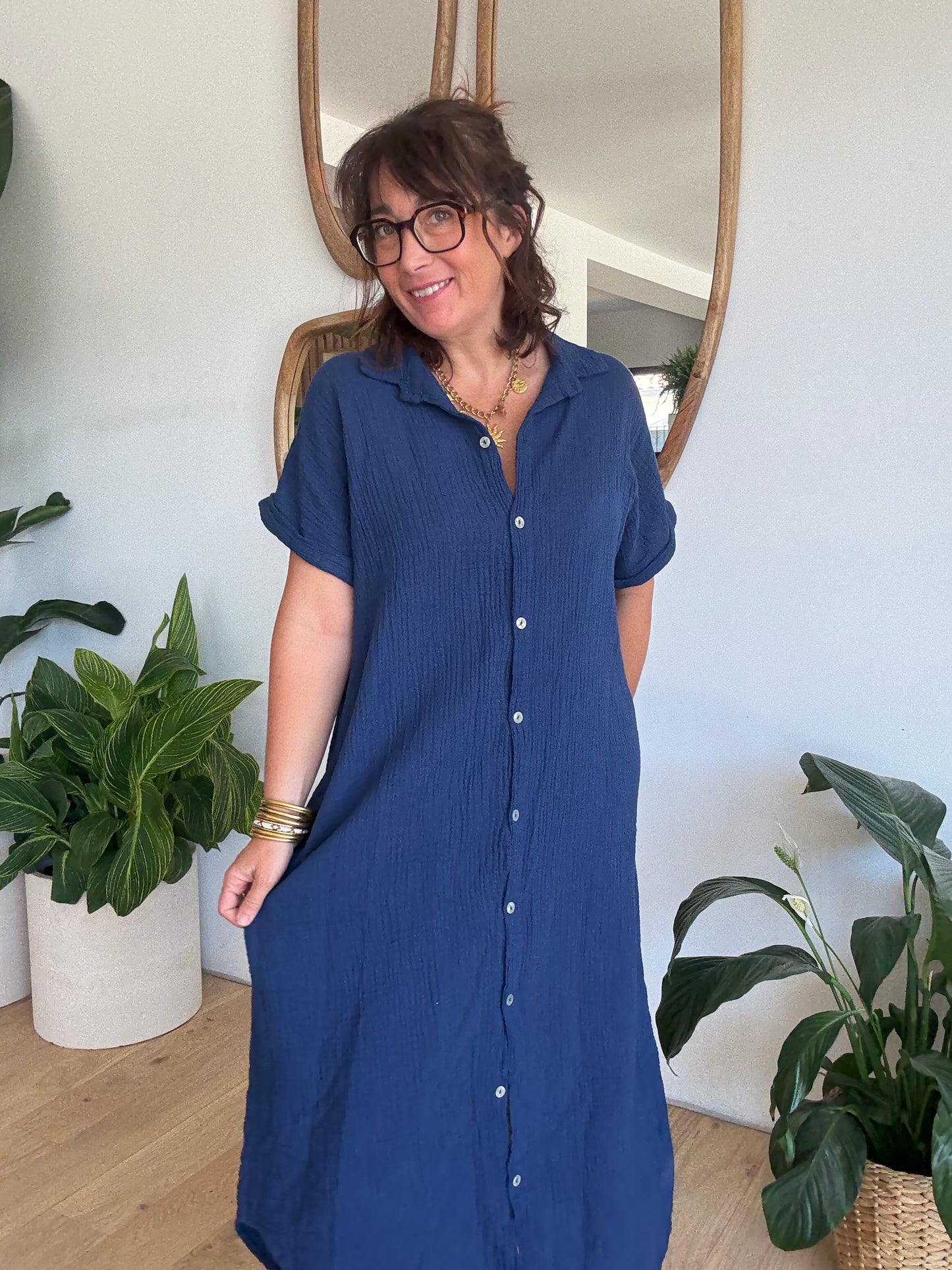 Robe chemise en gaze de coton Marine