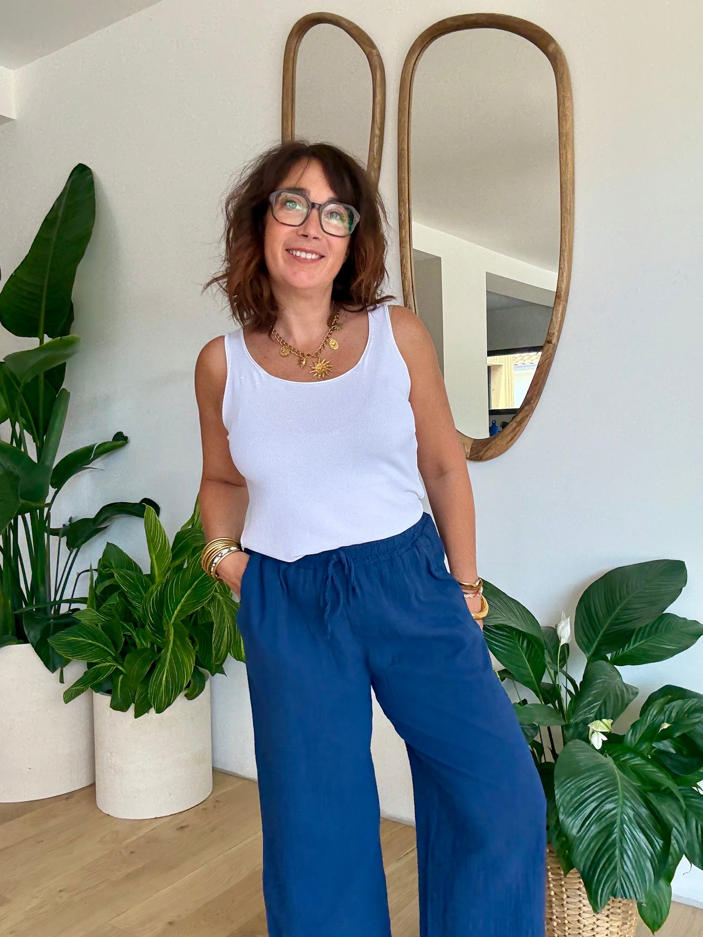 Pantalon palazzo gaze de coton marine