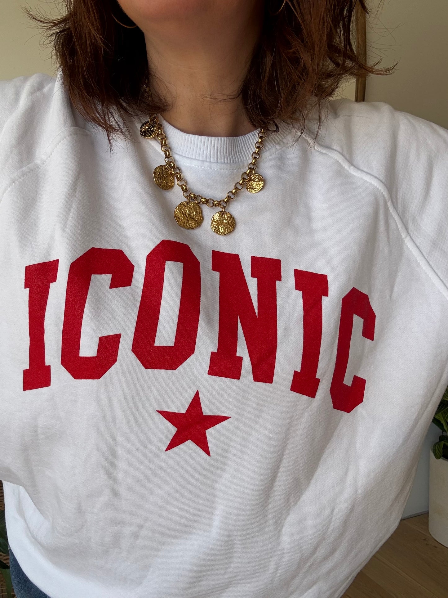 Sweat Iconic blanc et rouge manches 3/4