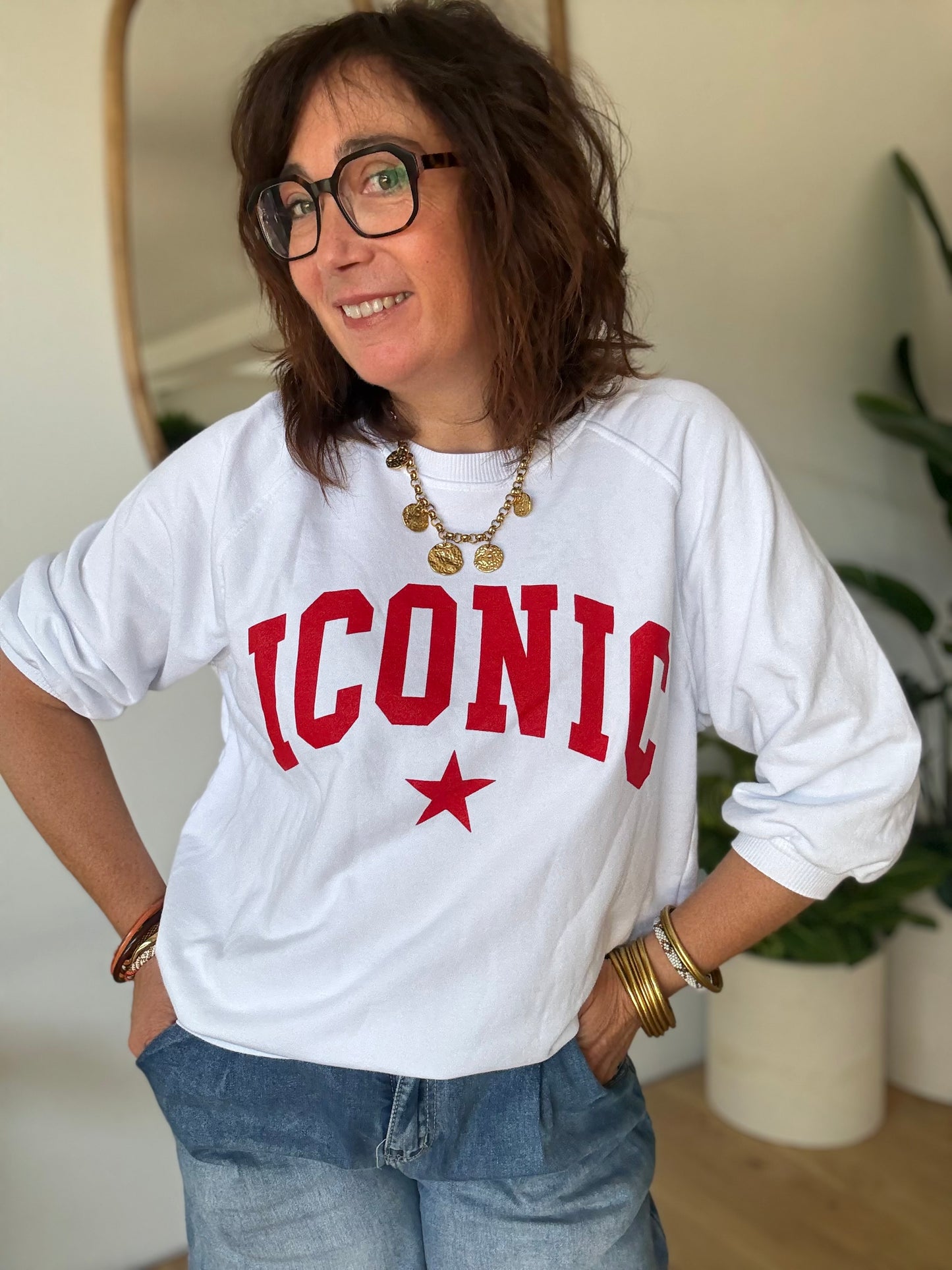 Sweat Iconic blanc et rouge manches 3/4