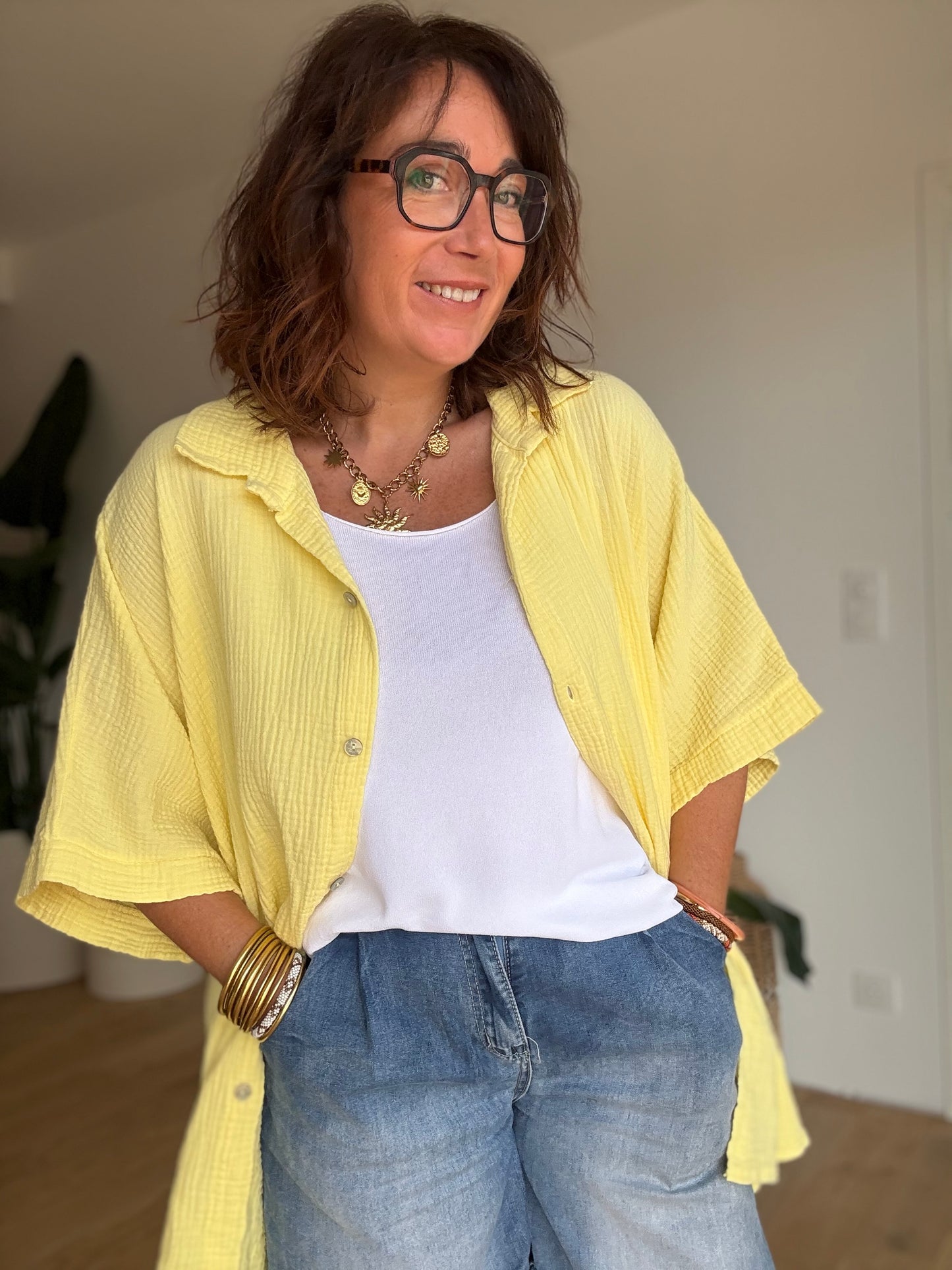 Chemise Gaz de Coton Jaune Pastel