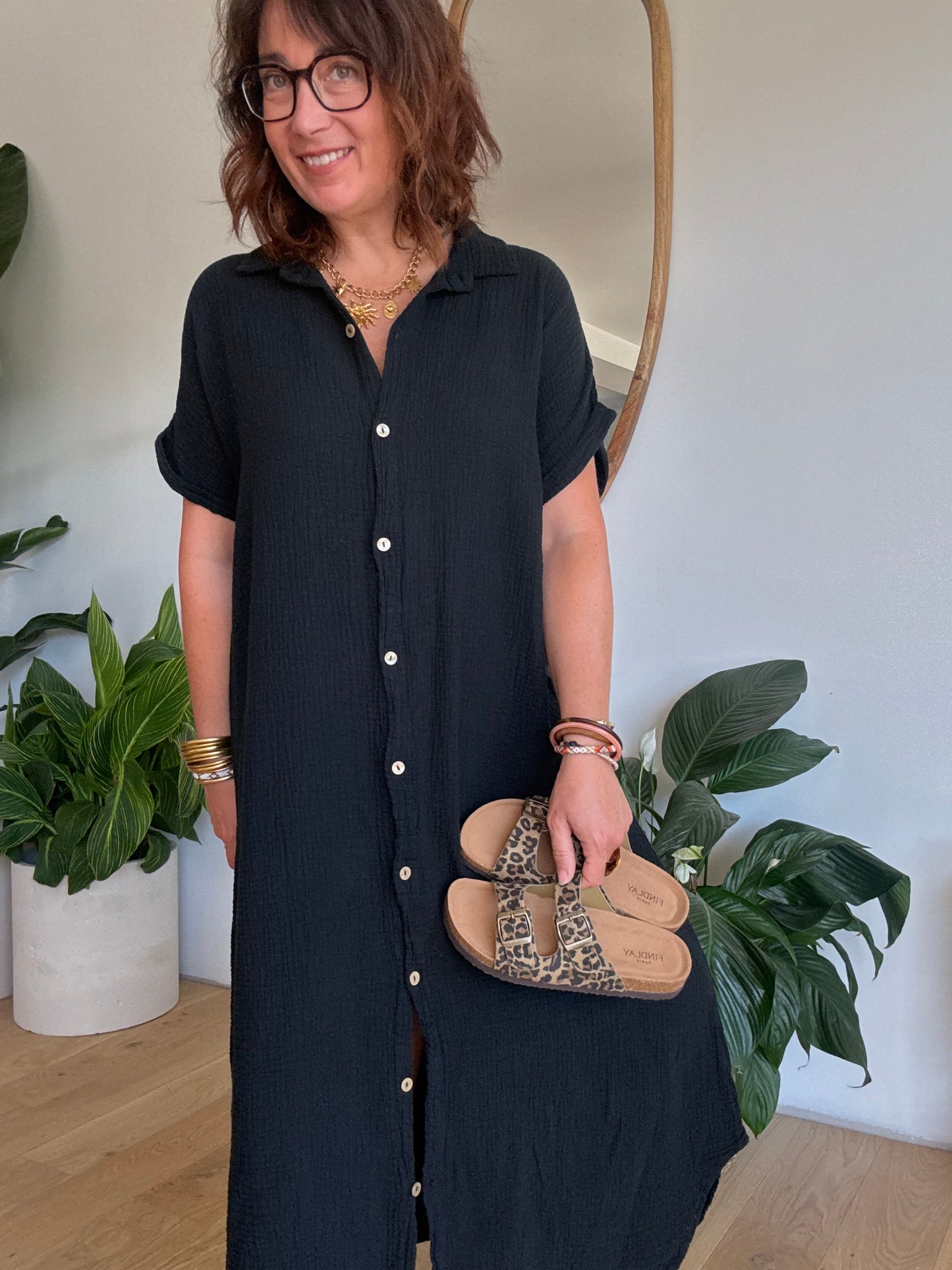 Robe chemise en gaze de coton noir