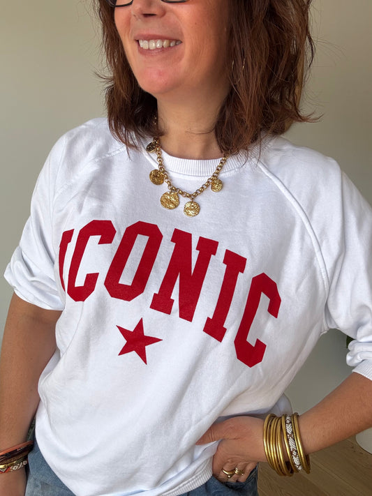 Sweat Iconic blanc et rouge manches 3/4
