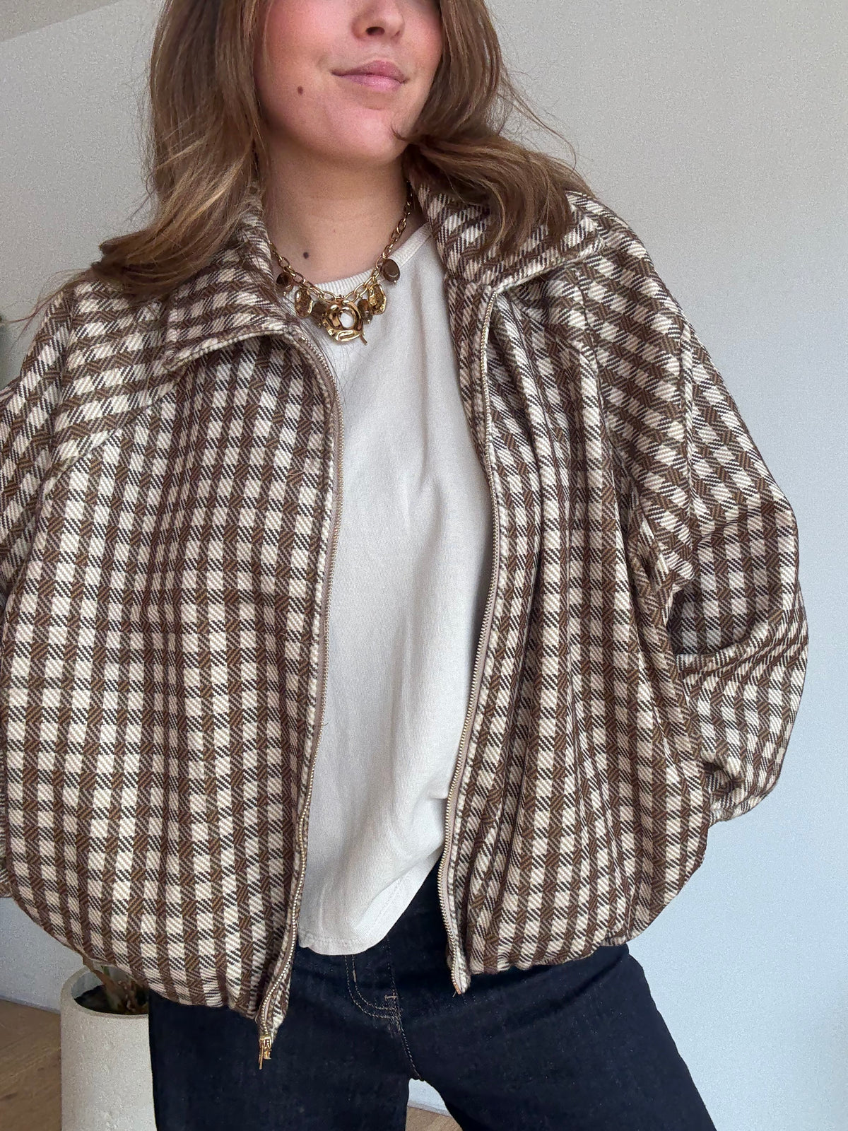 Blouson Clémence – Carreaux écru, camel & marron🍂
