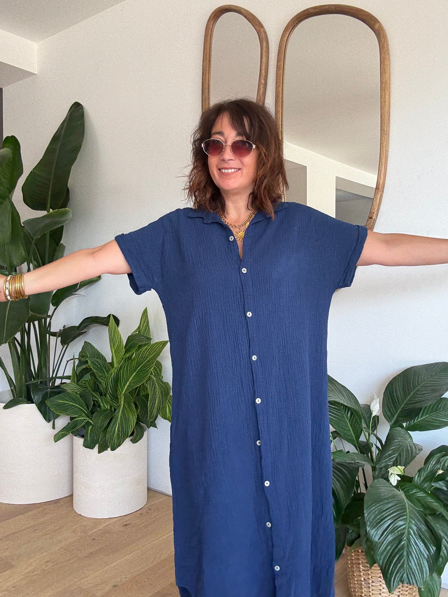 Robe chemise en gaze de coton Marine