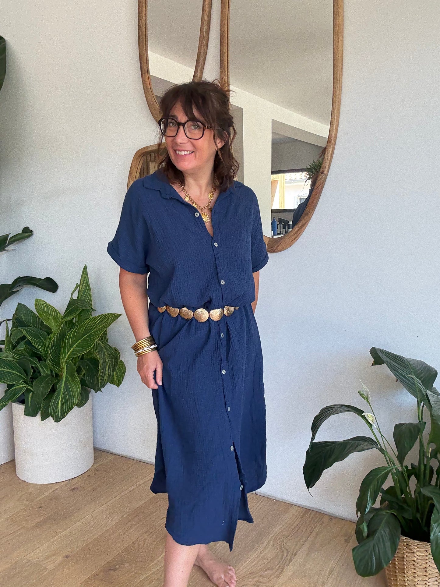 Robe chemise en gaze de coton Marine