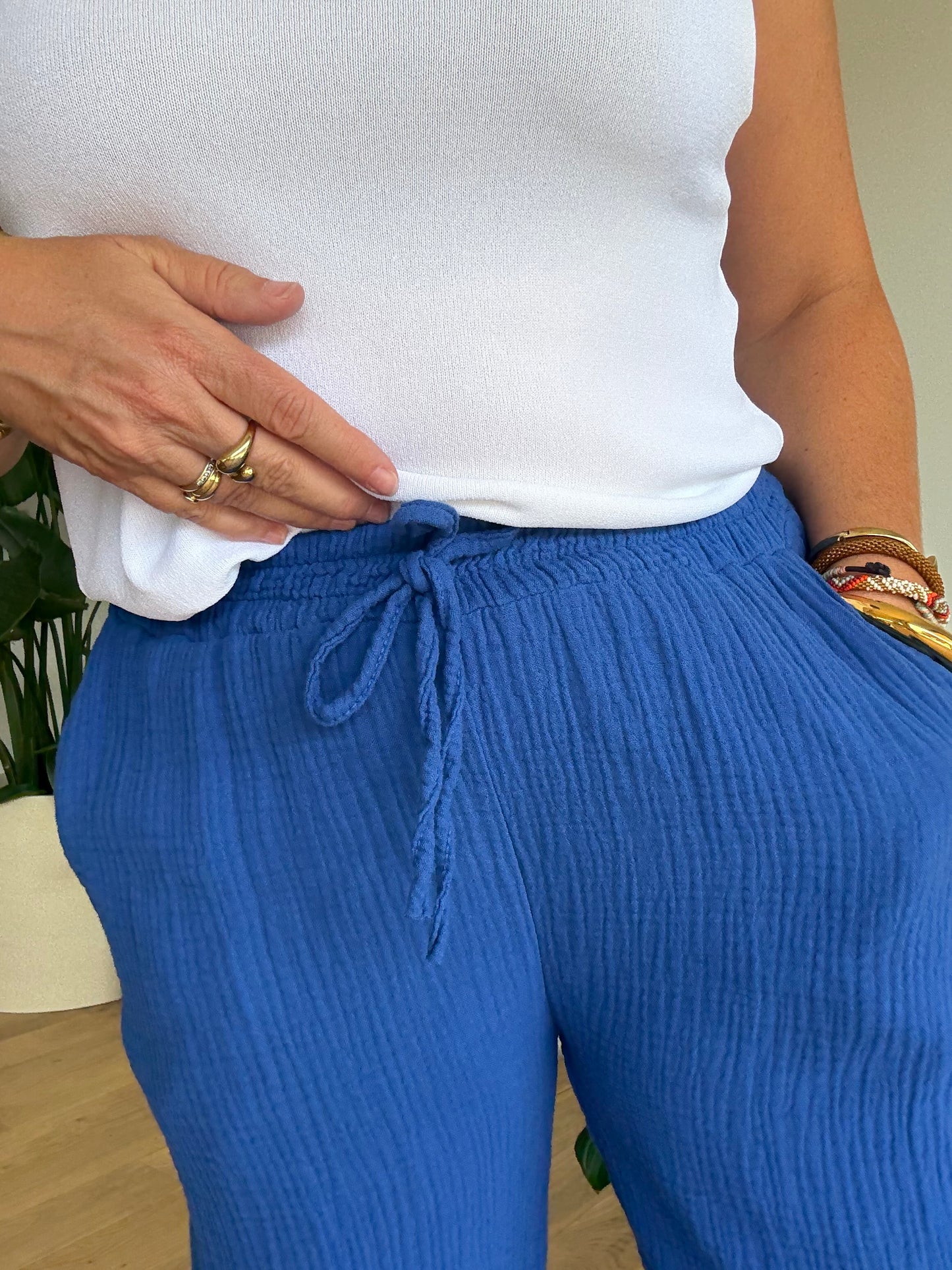 Pantalon palazzo gaze de coton bleu roi