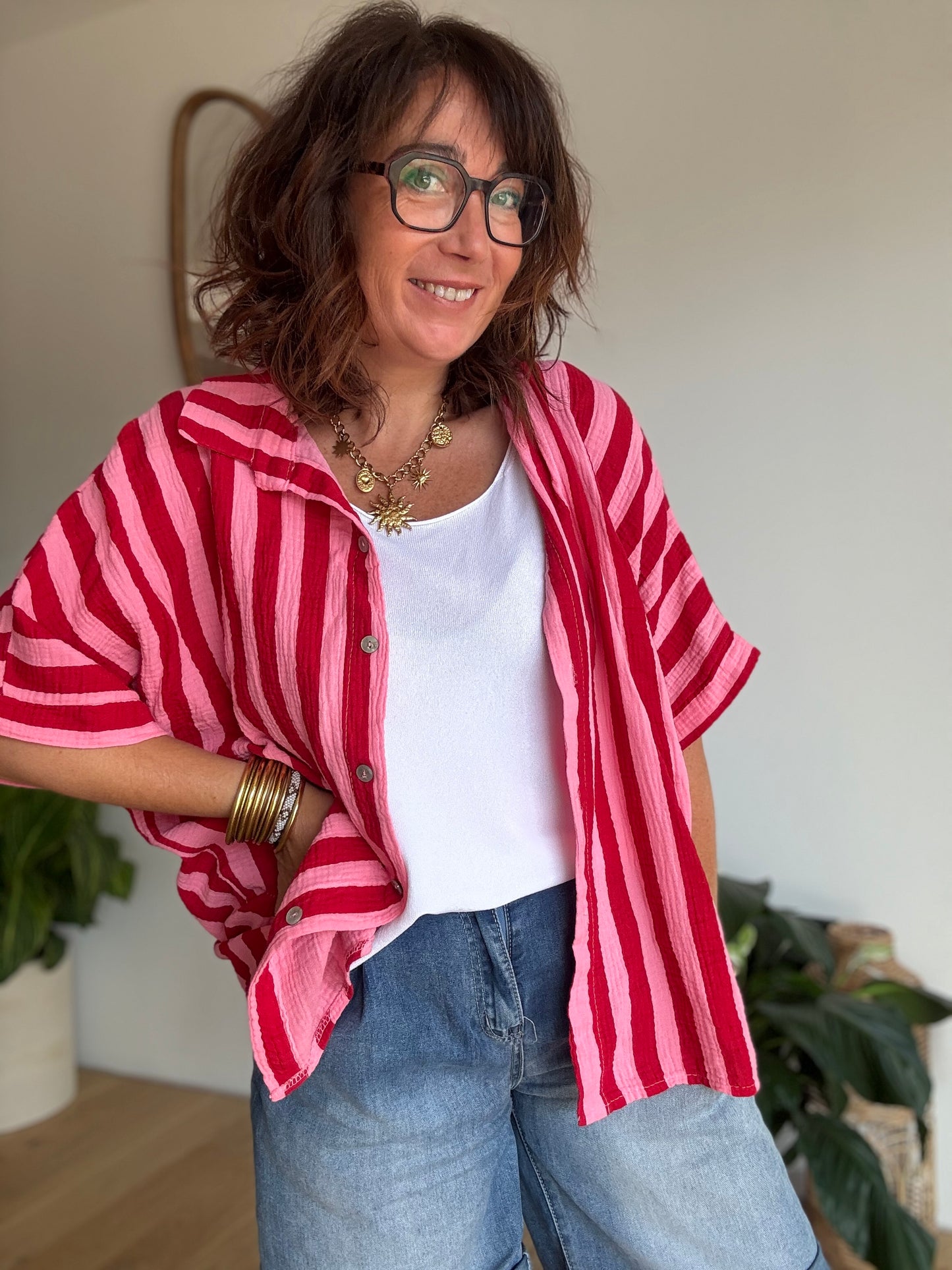 Chemise Rayée Gaze de Coton Rose & Rouge