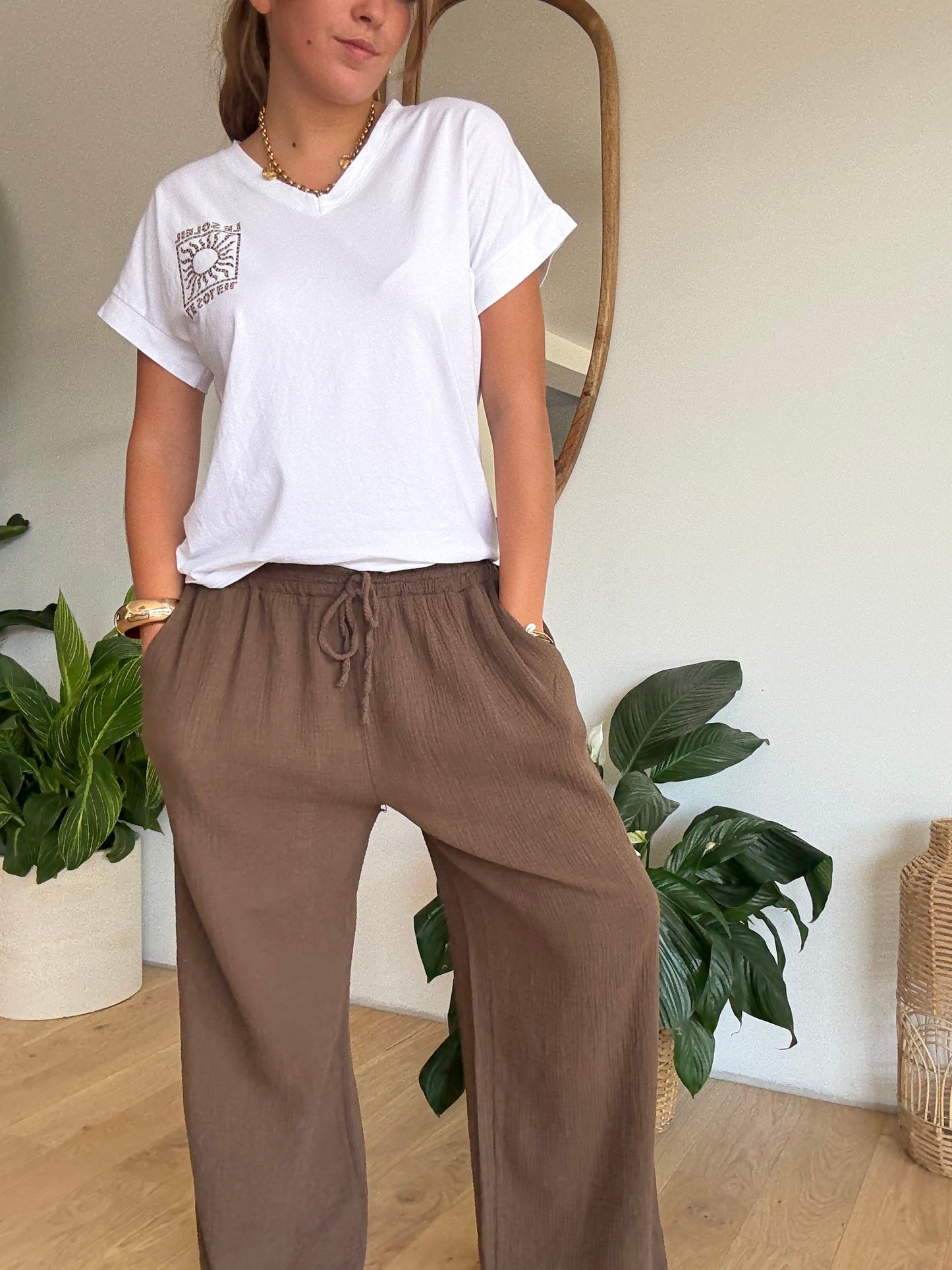 Pantalon palazzo gaze de coton choco