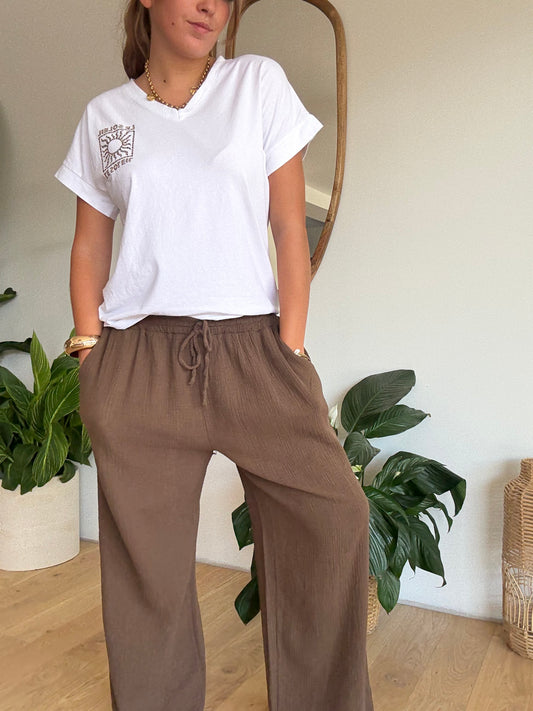 Pantalon palazzo gaze de coton choco