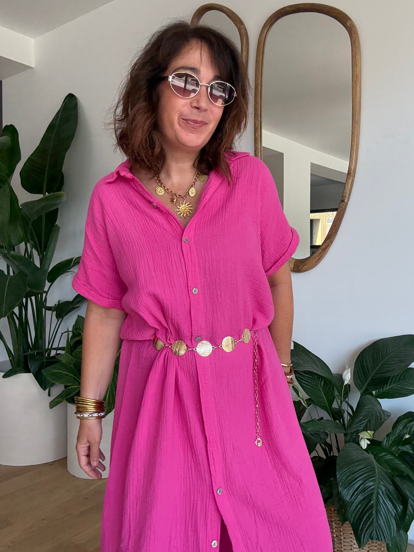 Robe chemise en gaze de coton fuchsia🩷