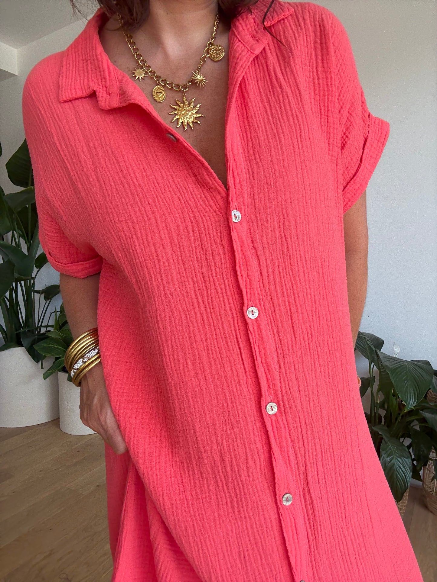 Robe chemise en gaze de coton corail