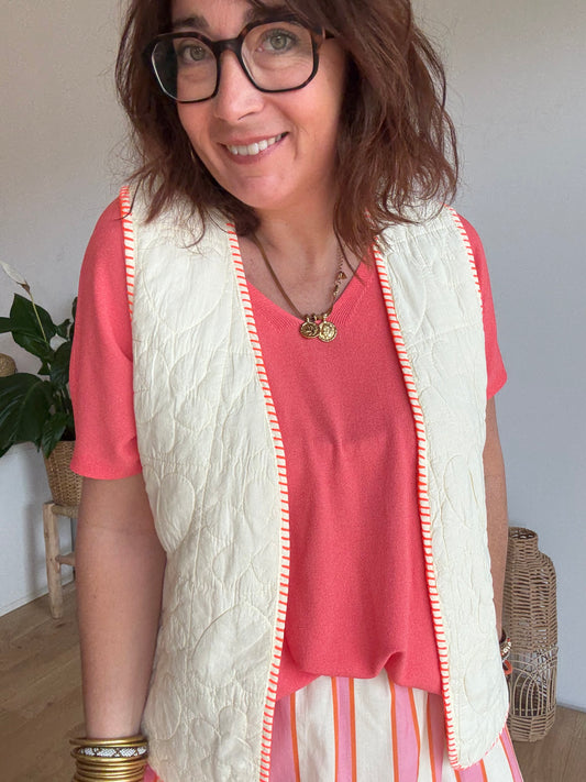 Veste sans manches matelassé écru /corail