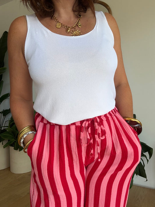 Pantalon rayé en gaze de coton rose &rouge