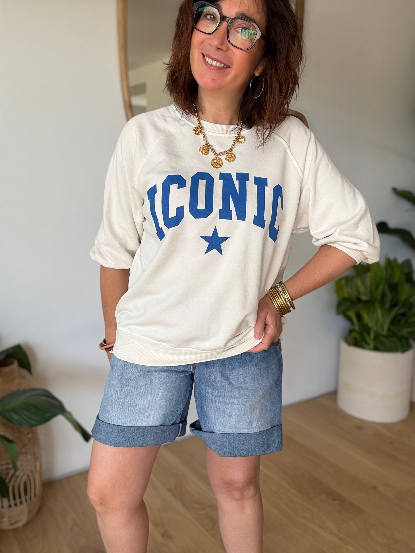 Sweat Iconic manches 3/4 bleu écru