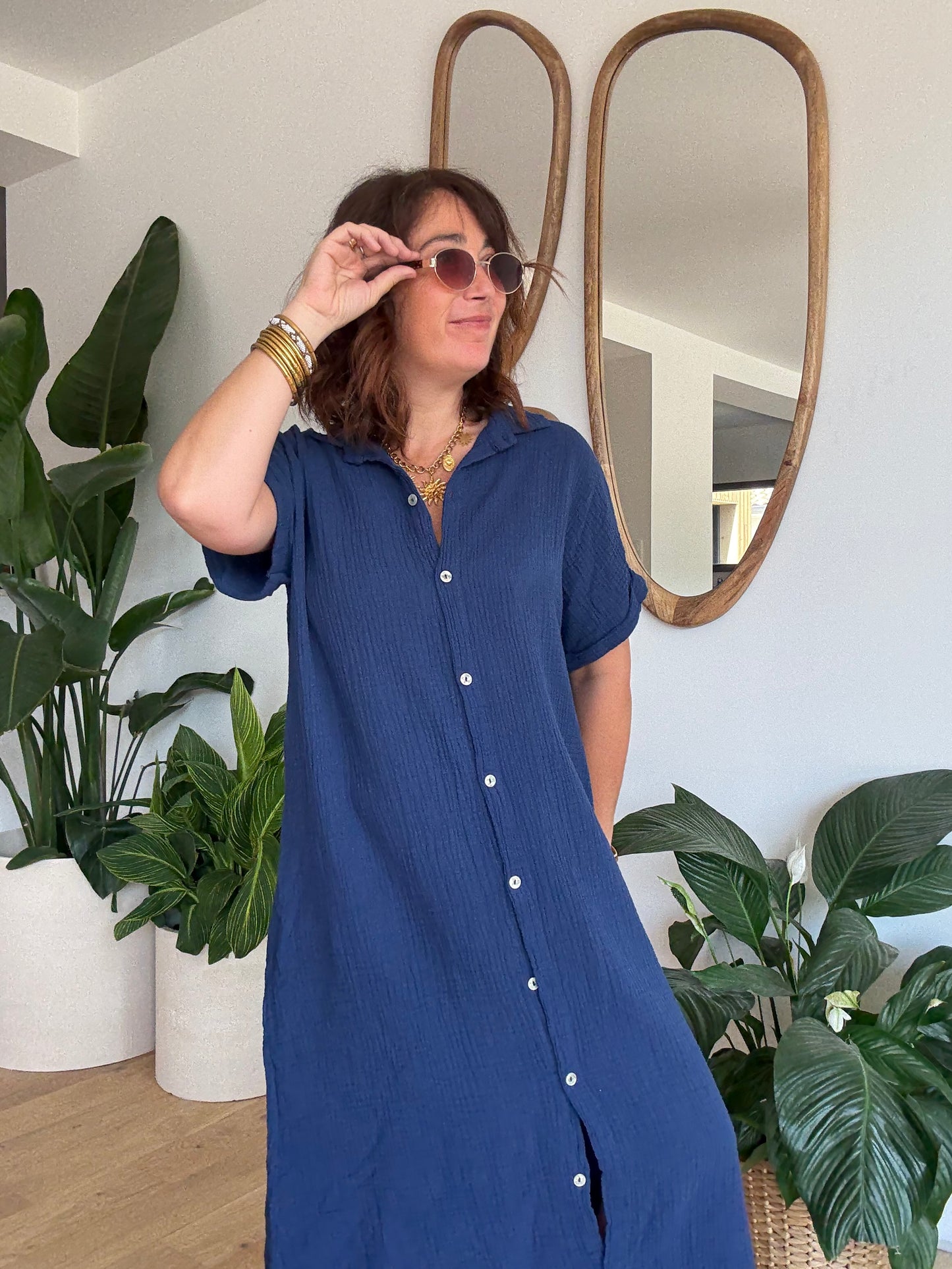 Robe chemise en gaze de coton Marine
