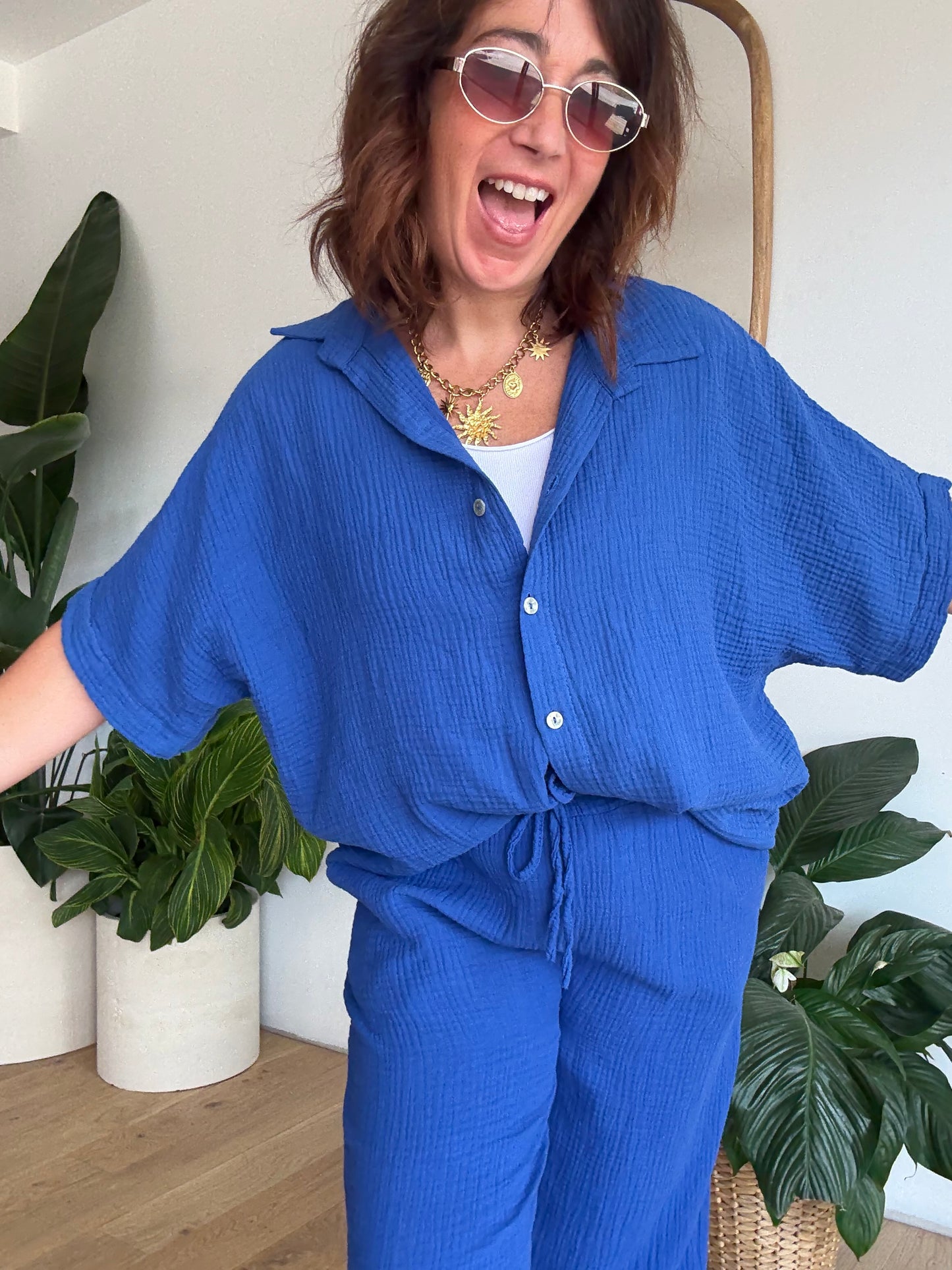 Chemise gaze de coton bleu roi