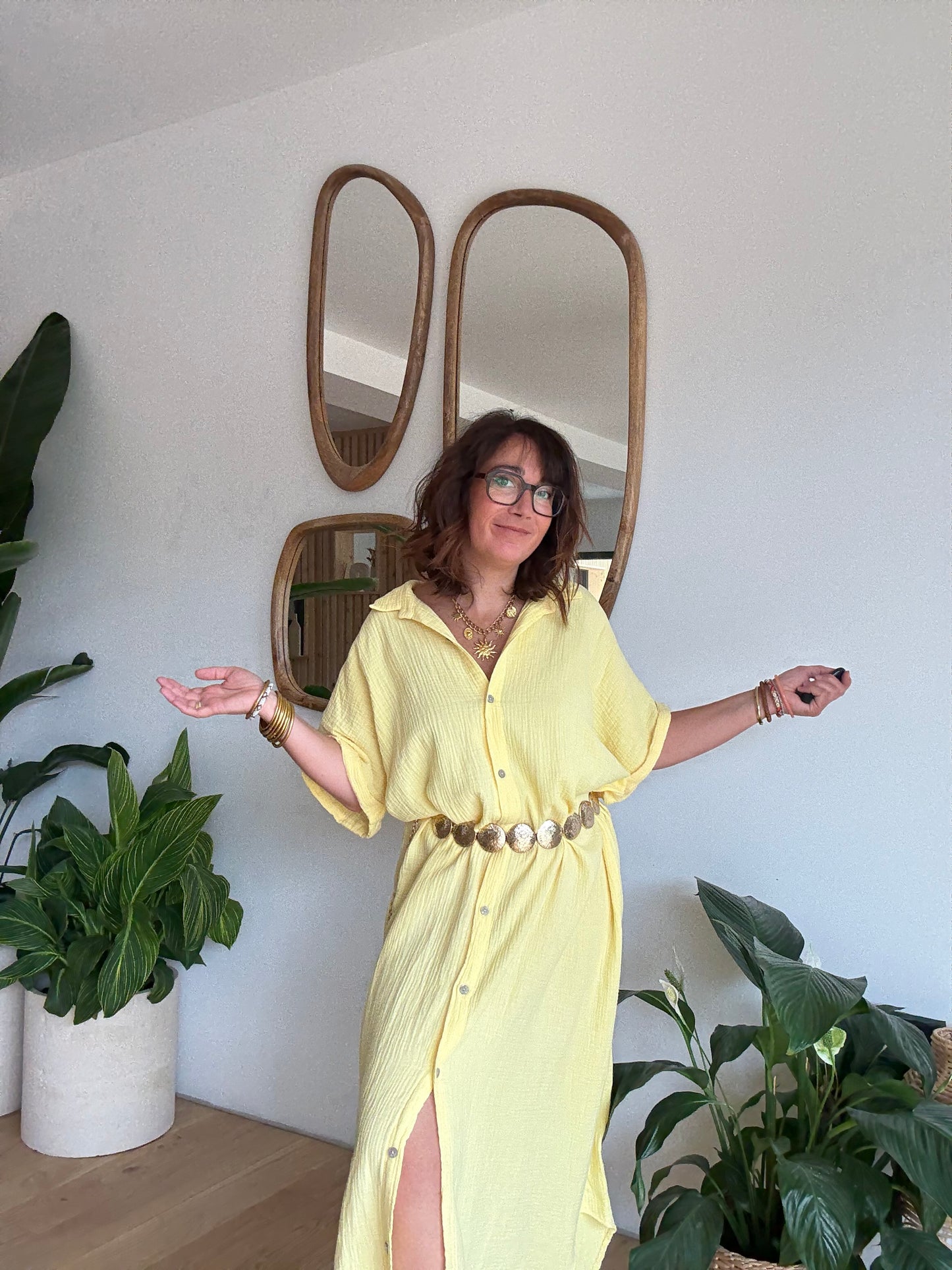 Robe chemise gaze de coton jaune