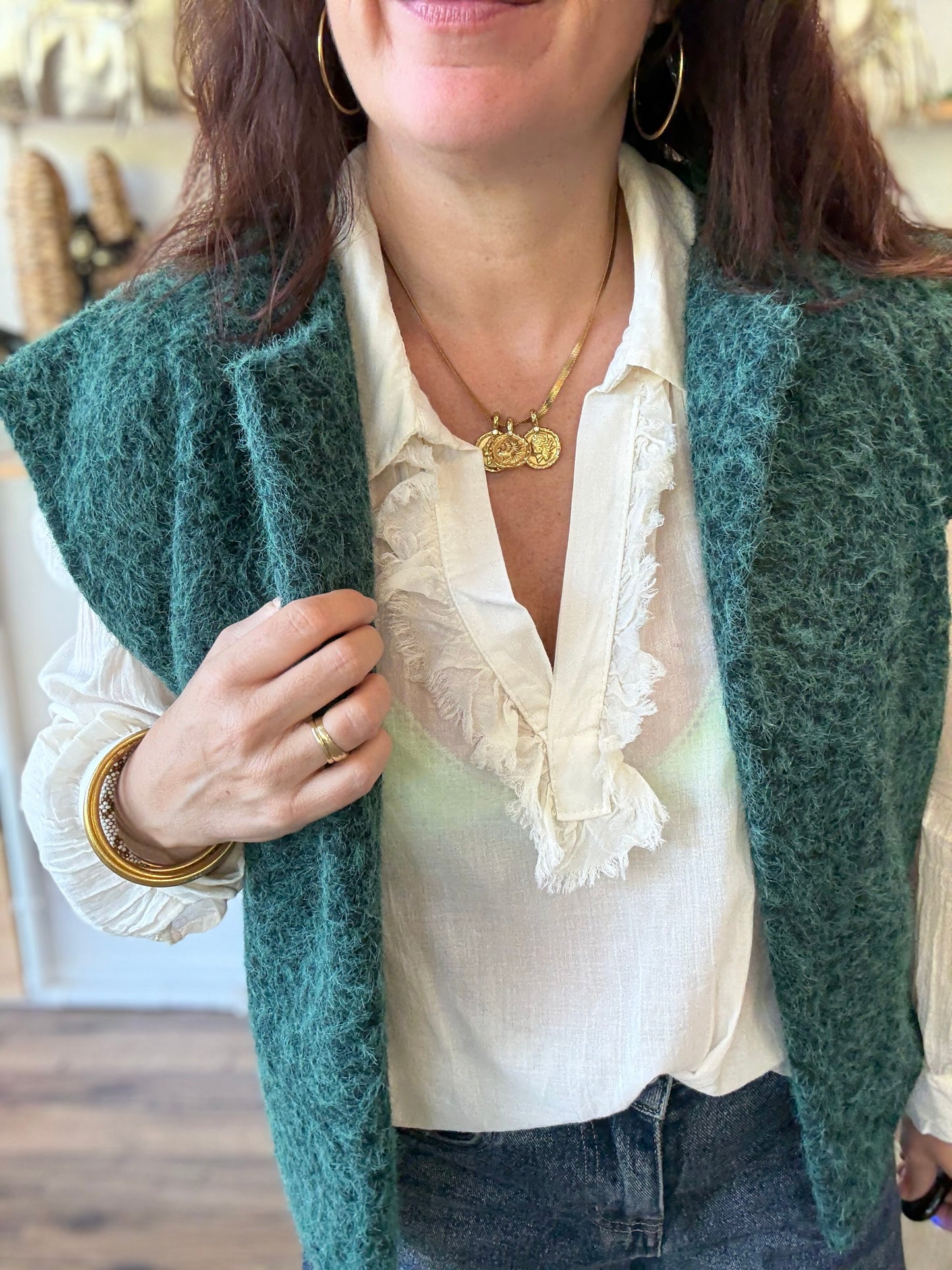 Veste sans manches effet laine bouillie vert sapin