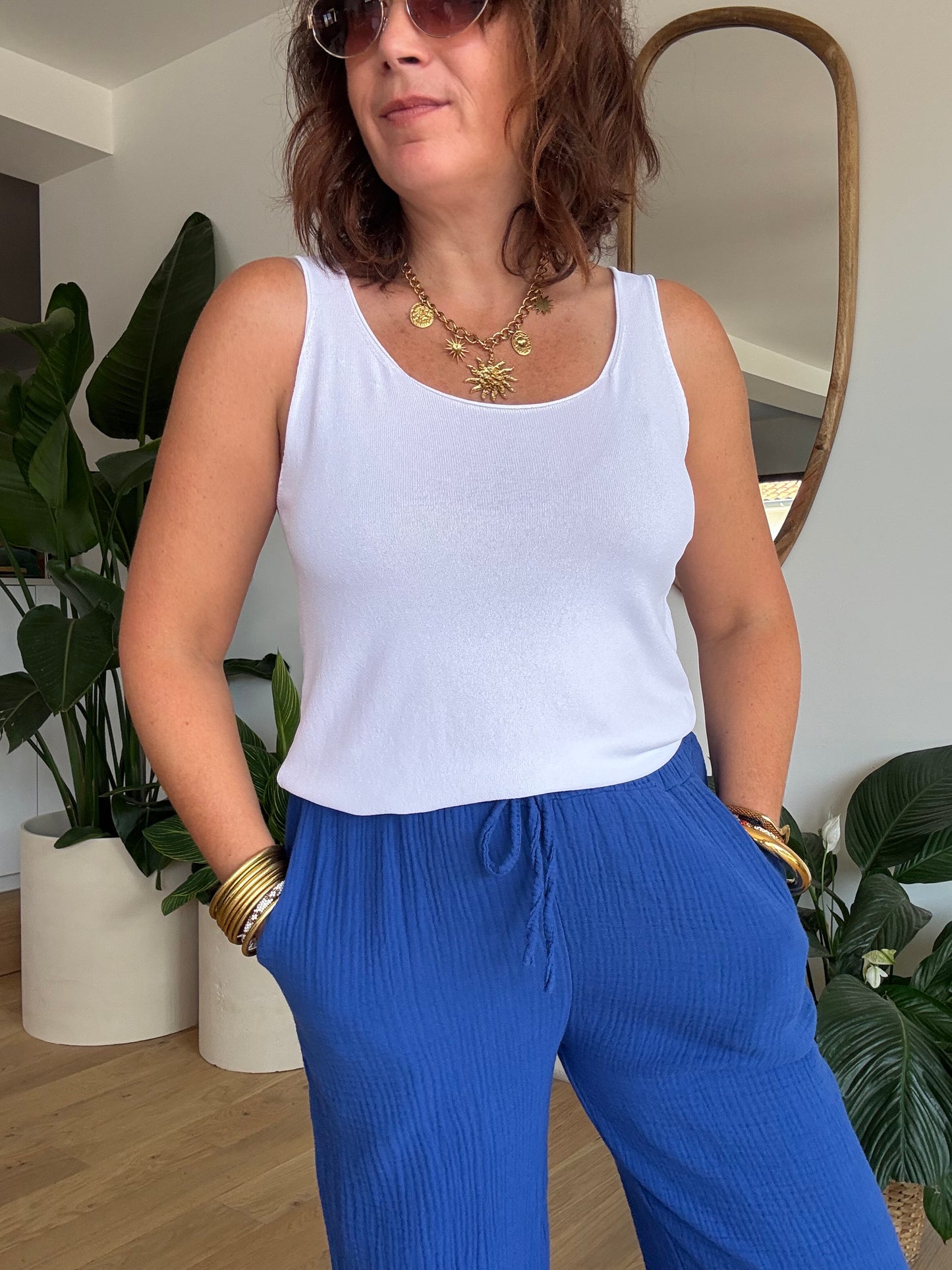 Pantalon palazzo gaze de coton bleu roi