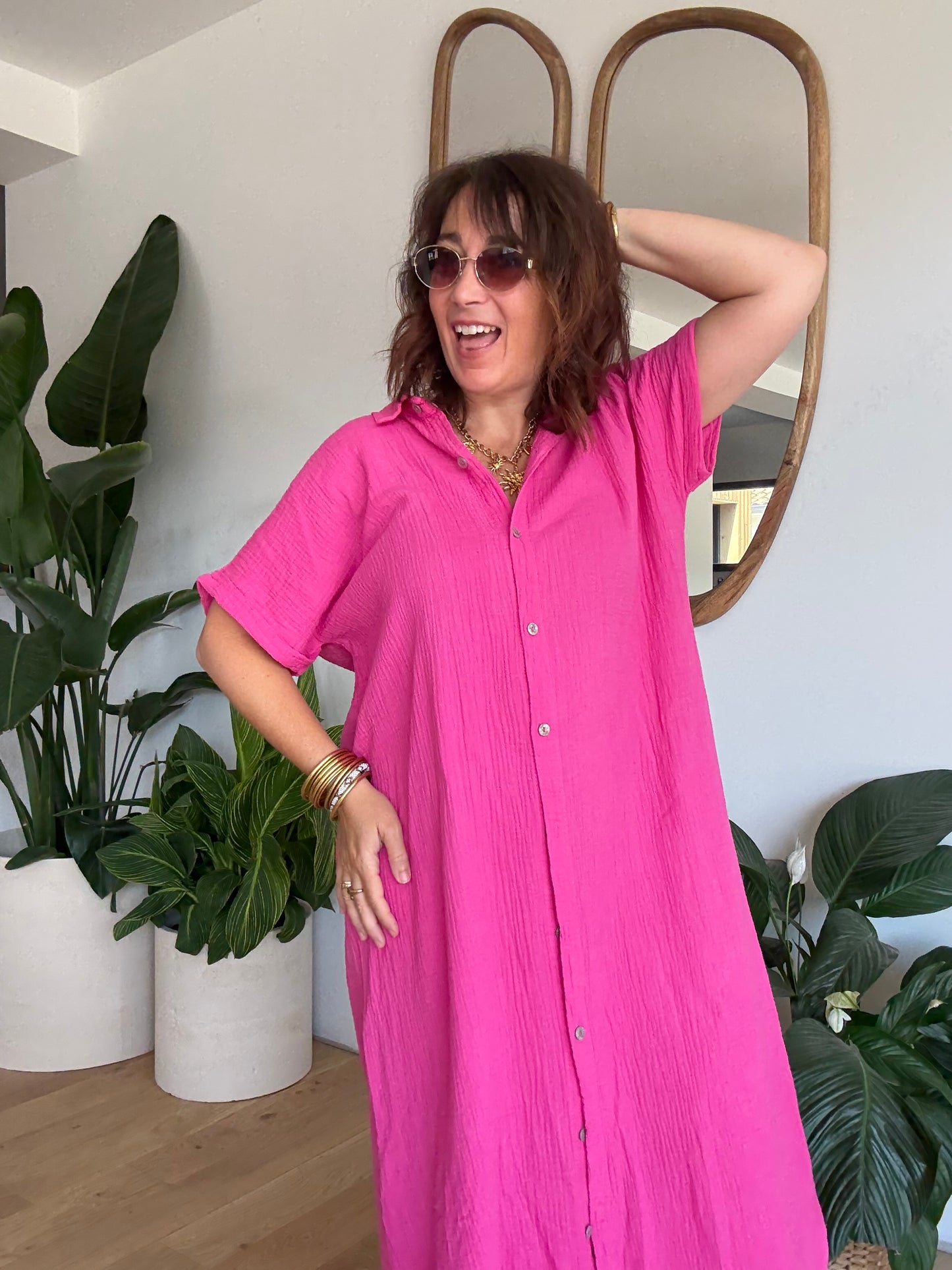 Robe chemise en gaze de coton fuchsia🩷