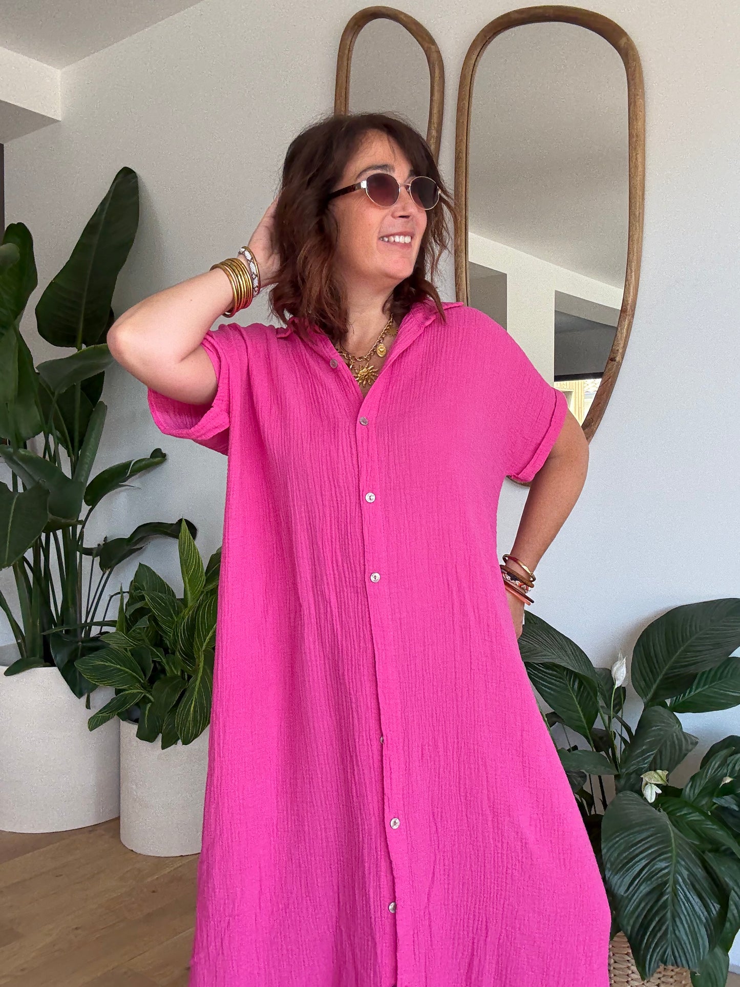 Robe chemise en gaze de coton fuchsia🩷