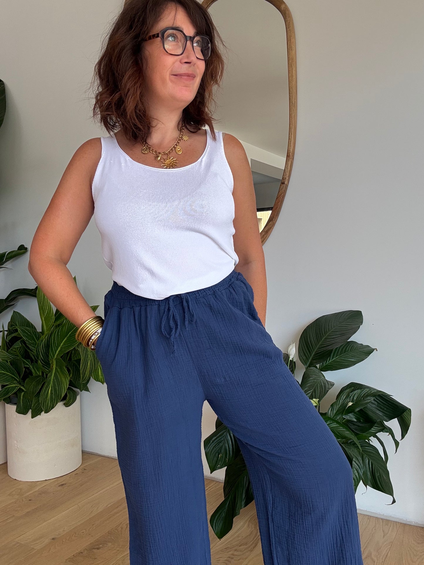 Pantalon palazzo gaze de coton marine
