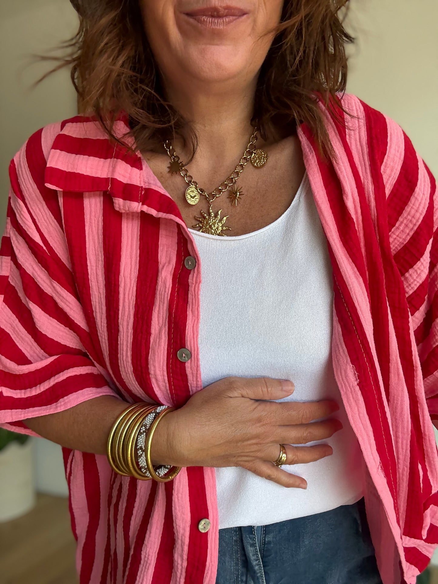 Chemise Rayée Gaze de Coton Rose & Rouge