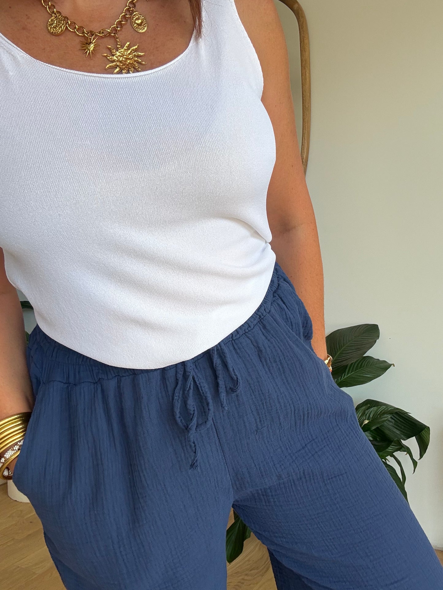 Pantalon palazzo gaze de coton marine