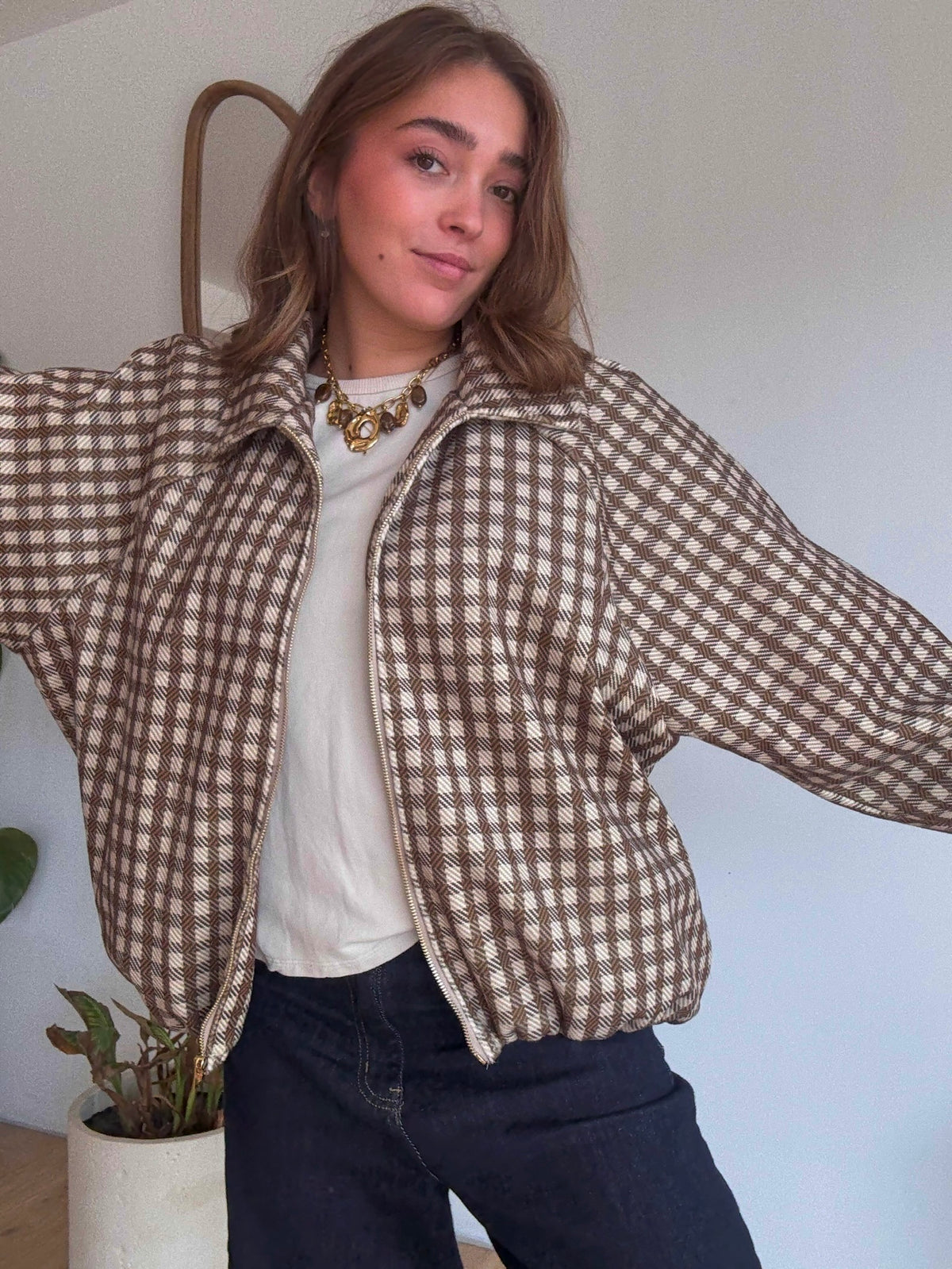 Blouson Clémence – Carreaux écru, camel & marron🍂