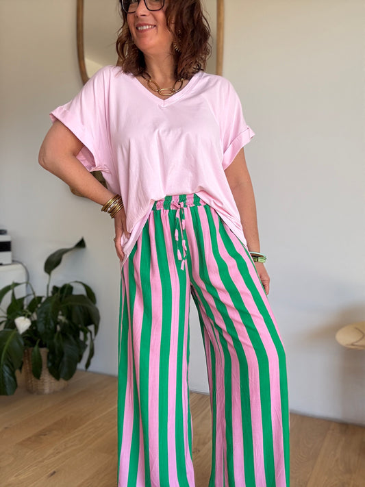 Pantalon rayé rose et vert