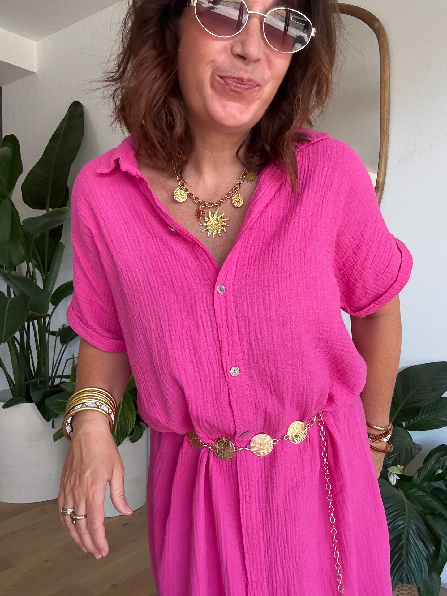 Robe chemise en gaze de coton fuchsia🩷