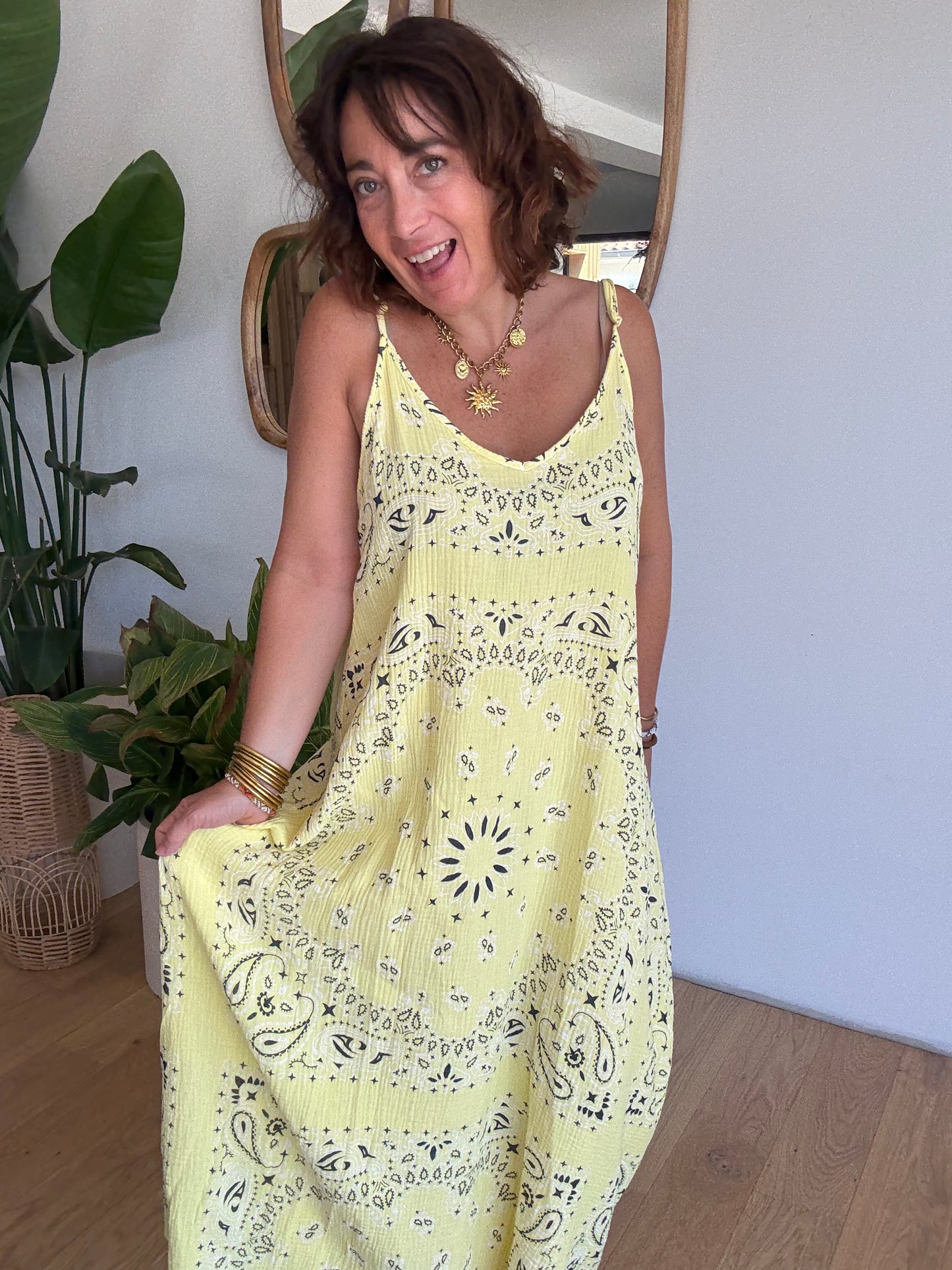 Robe Bandana Jaune en Gaze de Coton