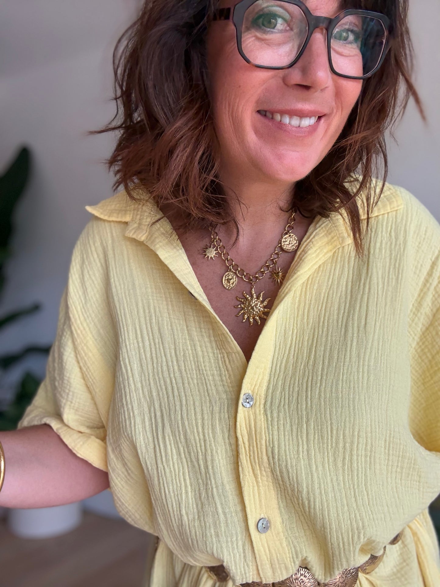 Robe chemise gaze de coton jaune