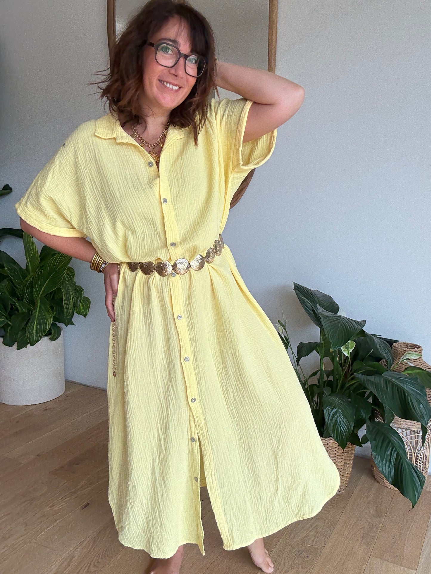 Robe chemise gaze de coton jaune