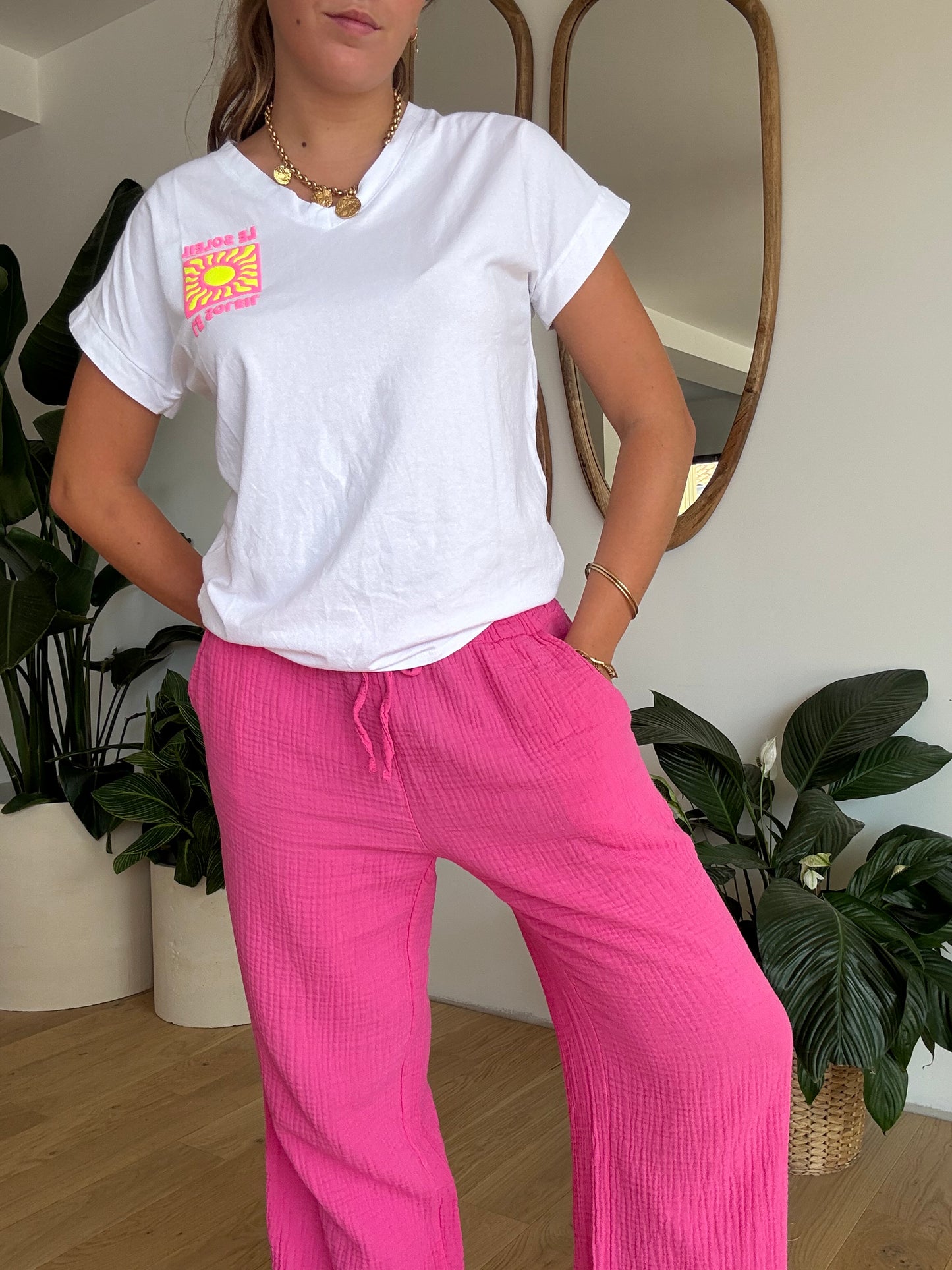 Pantalon palazzo gaze de coton fuchsia 🩷