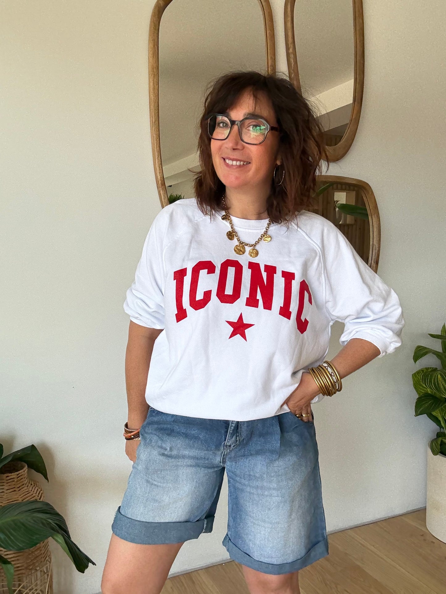 Sweat Iconic blanc et rouge manches 3/4