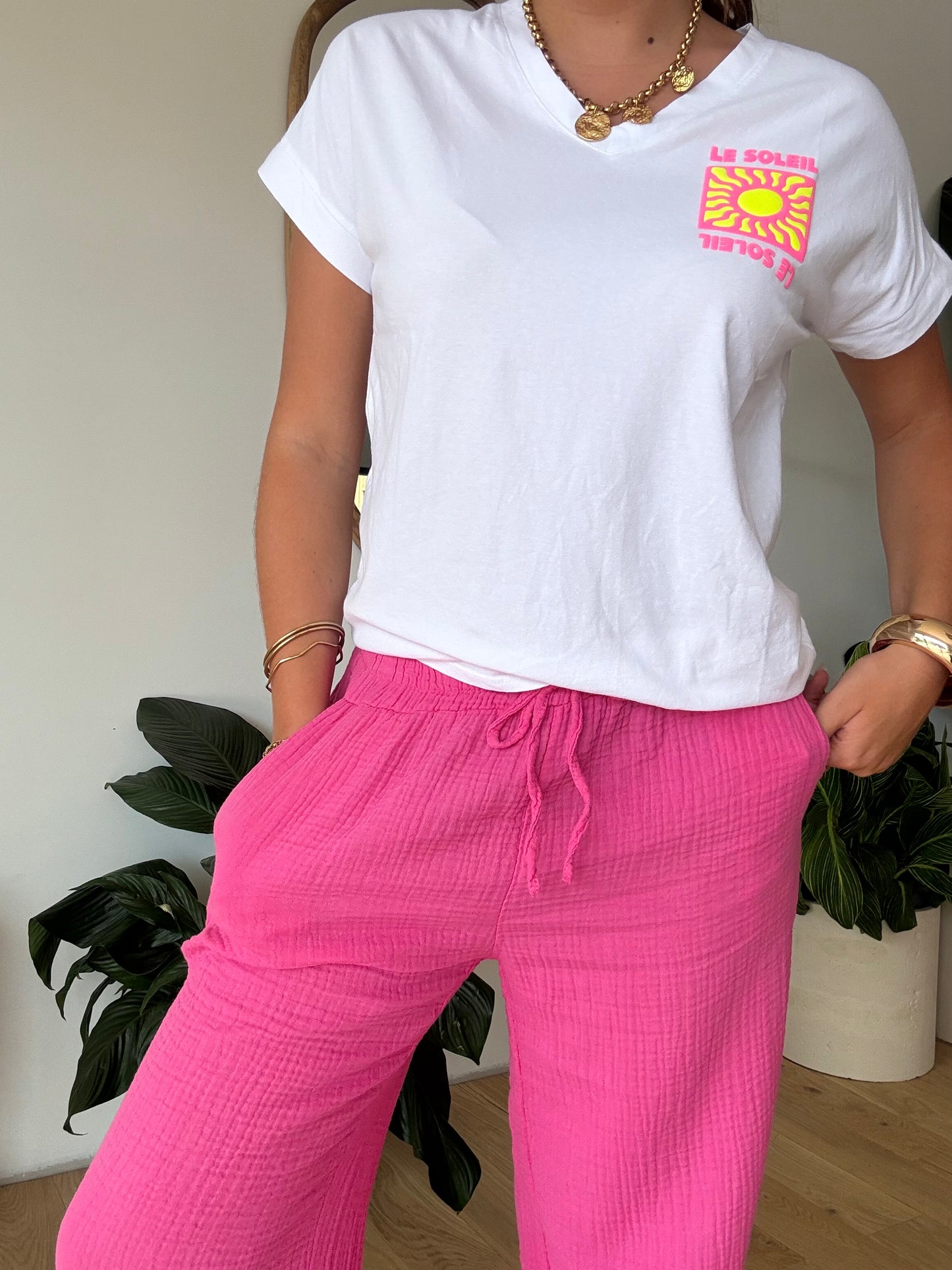 Pantalon palazzo gaze de coton fuchsia 🩷
