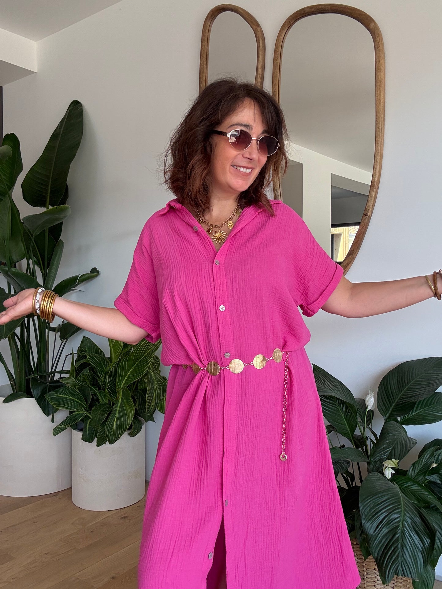 Robe chemise en gaze de coton fuchsia🩷