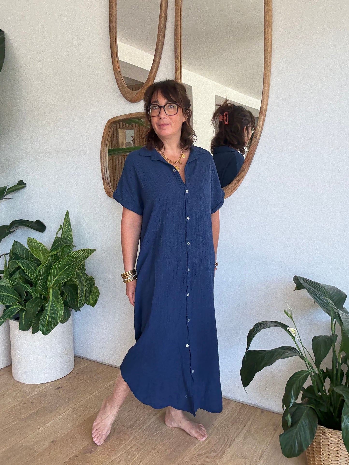 Robe chemise en gaze de coton Marine