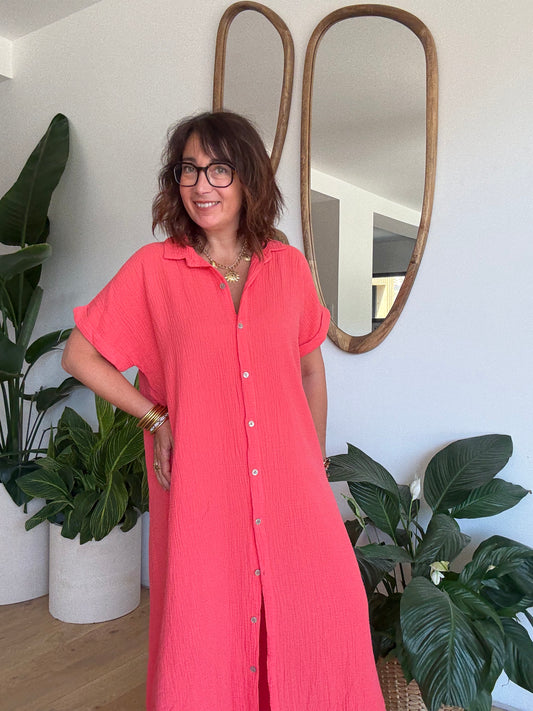 Robe chemise en gaze de coton corail